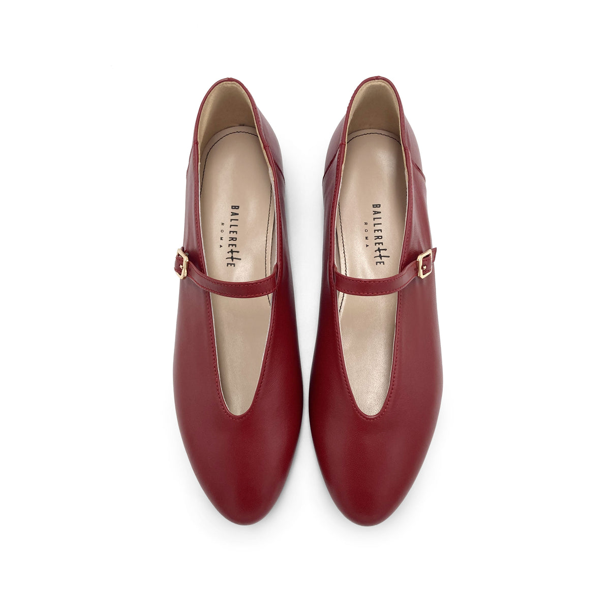 Cherry red leather ballet flats with V-cut and strap