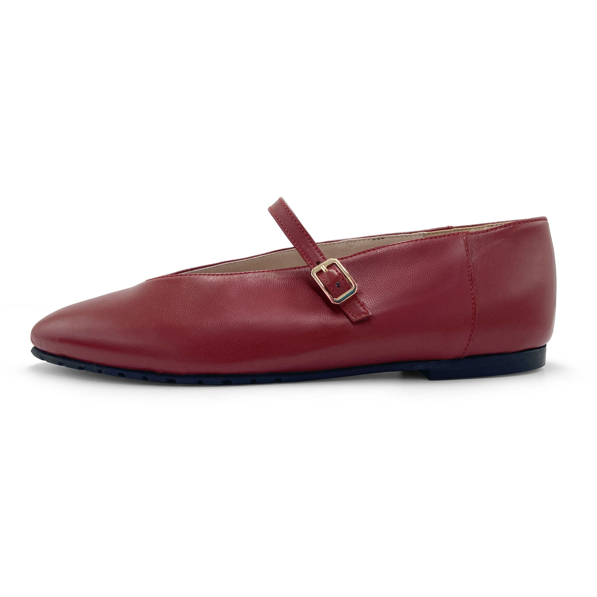 Cherry red leather ballet flats with V-cut and strap