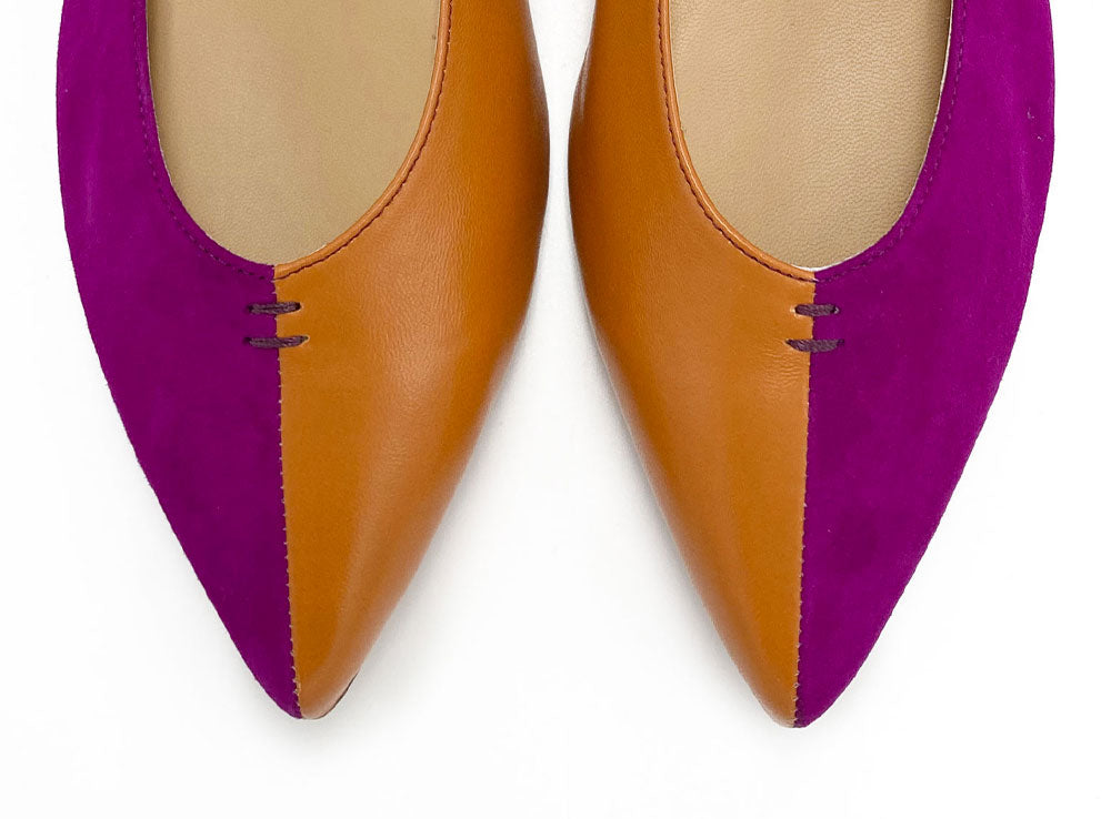 Bicolor pointed toe ballet flats brown and purple