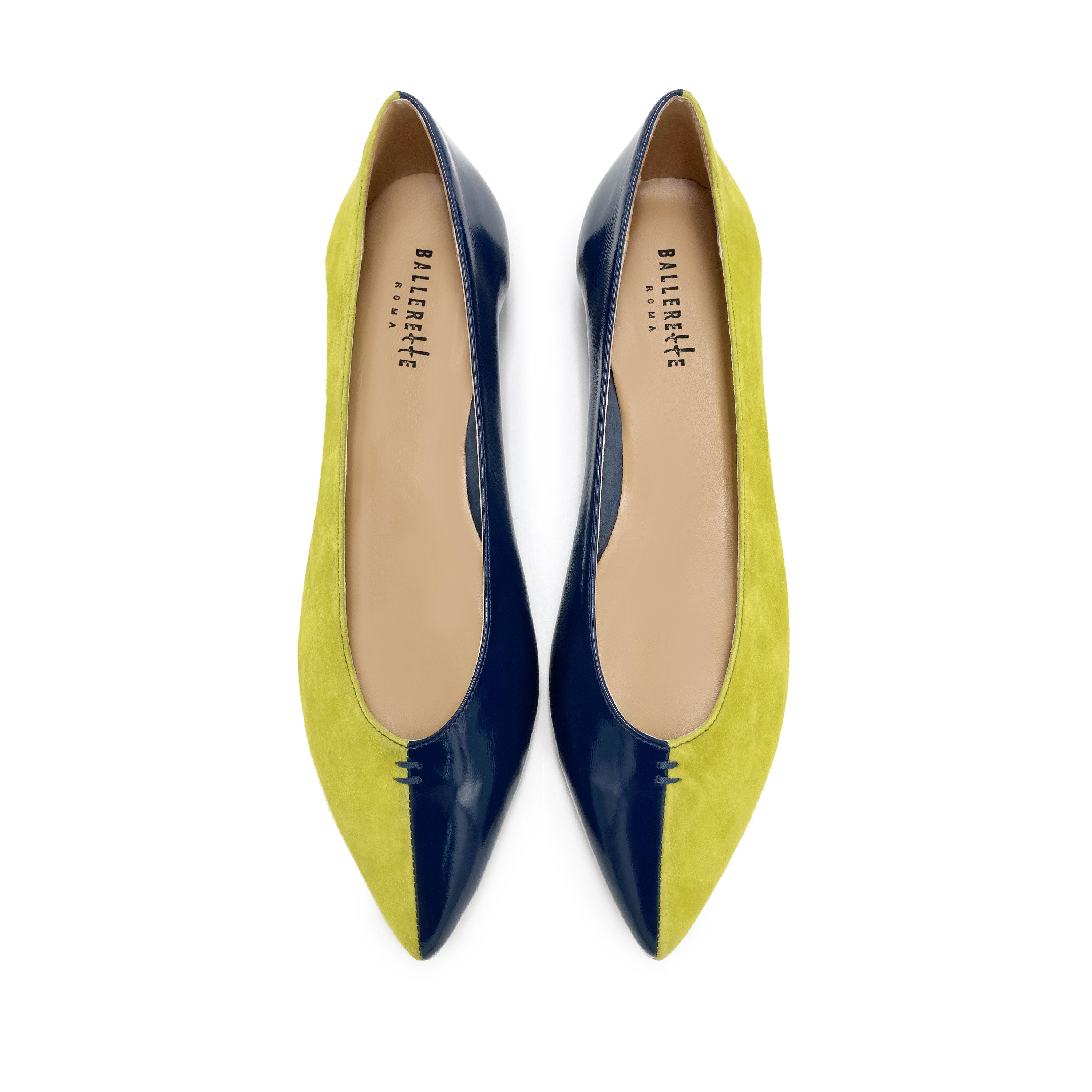 Bicolor pointed toe ballet flats blue and lime
