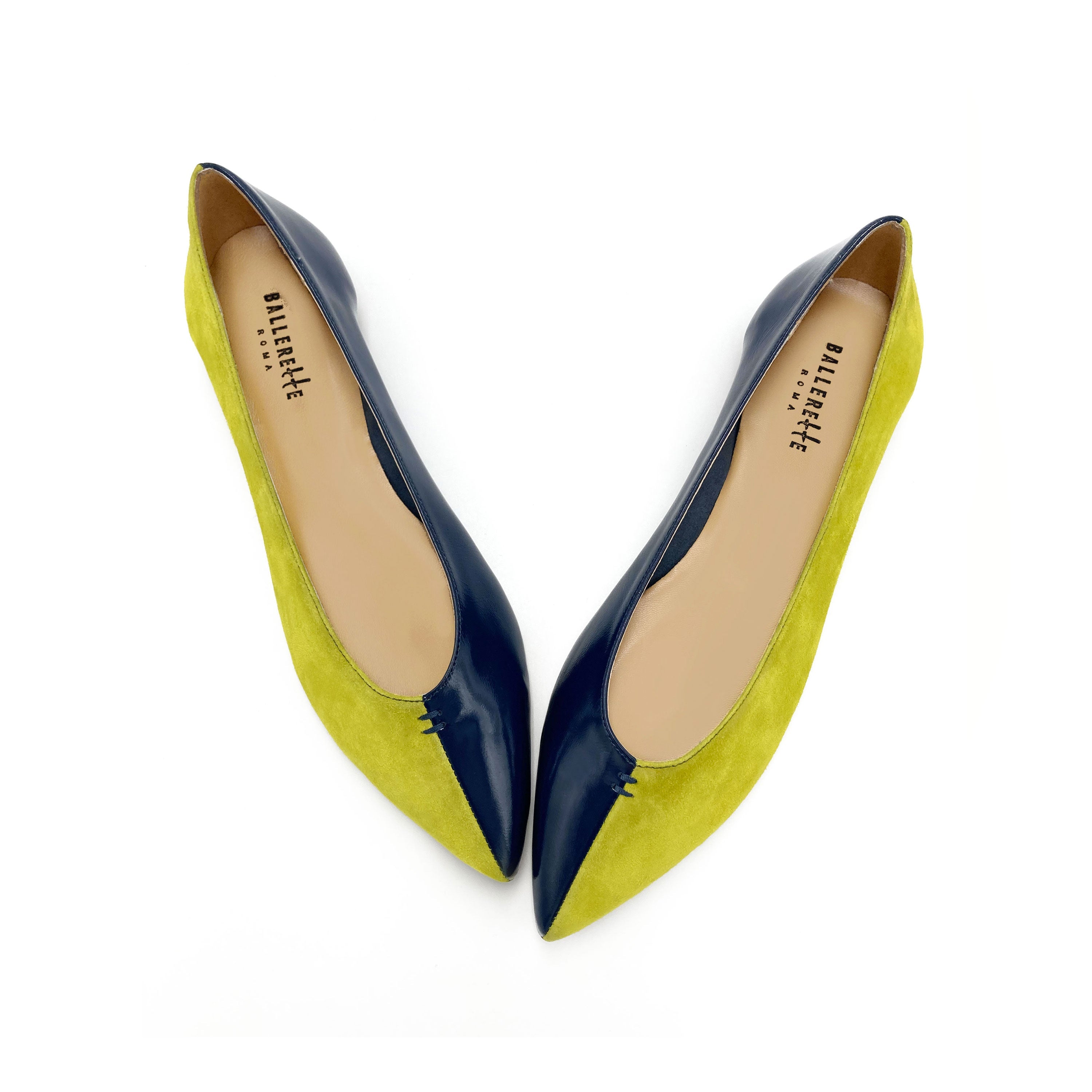 Bicolor pointed toe ballet flats blue and lime