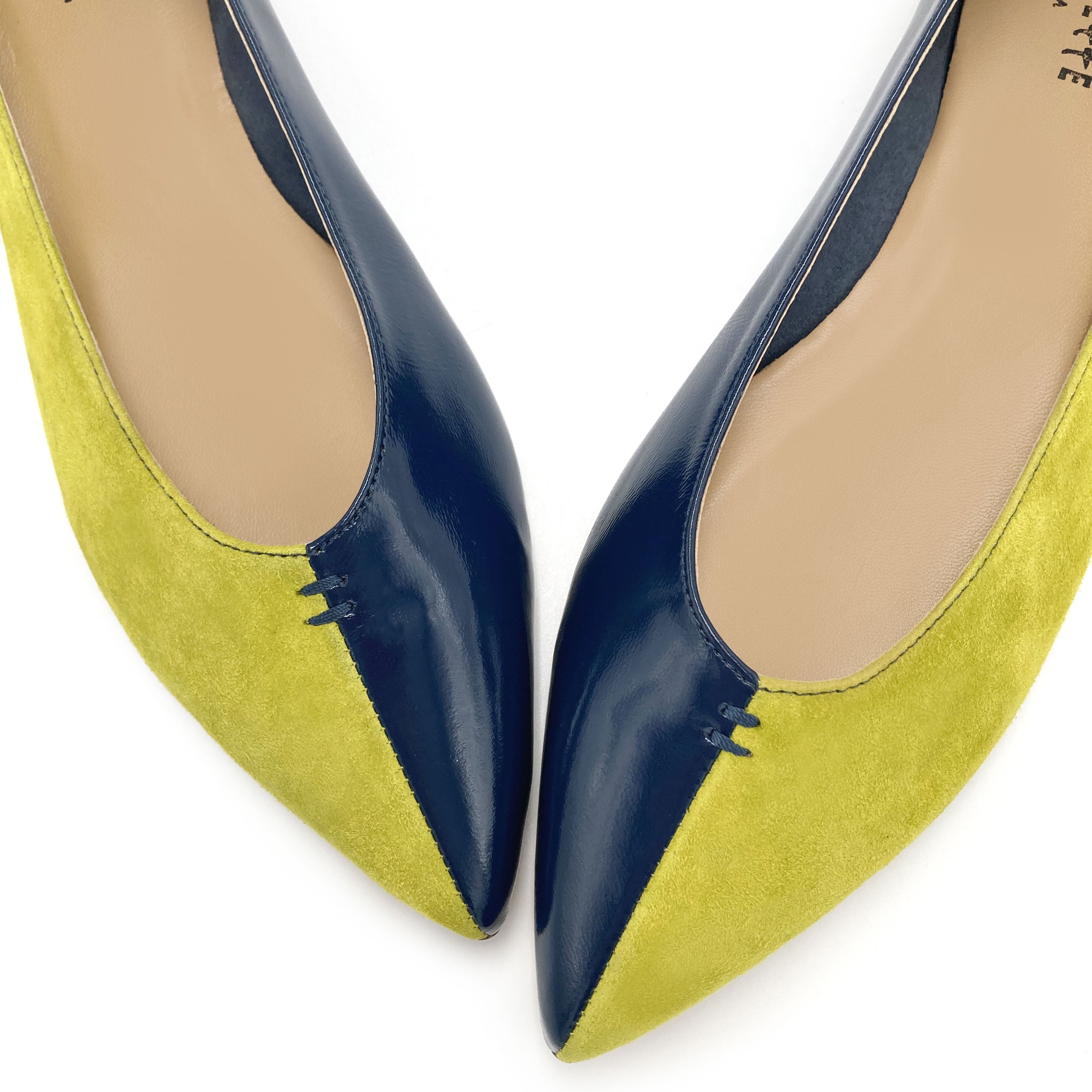 Bicolor pointed toe ballet flats blue and lime