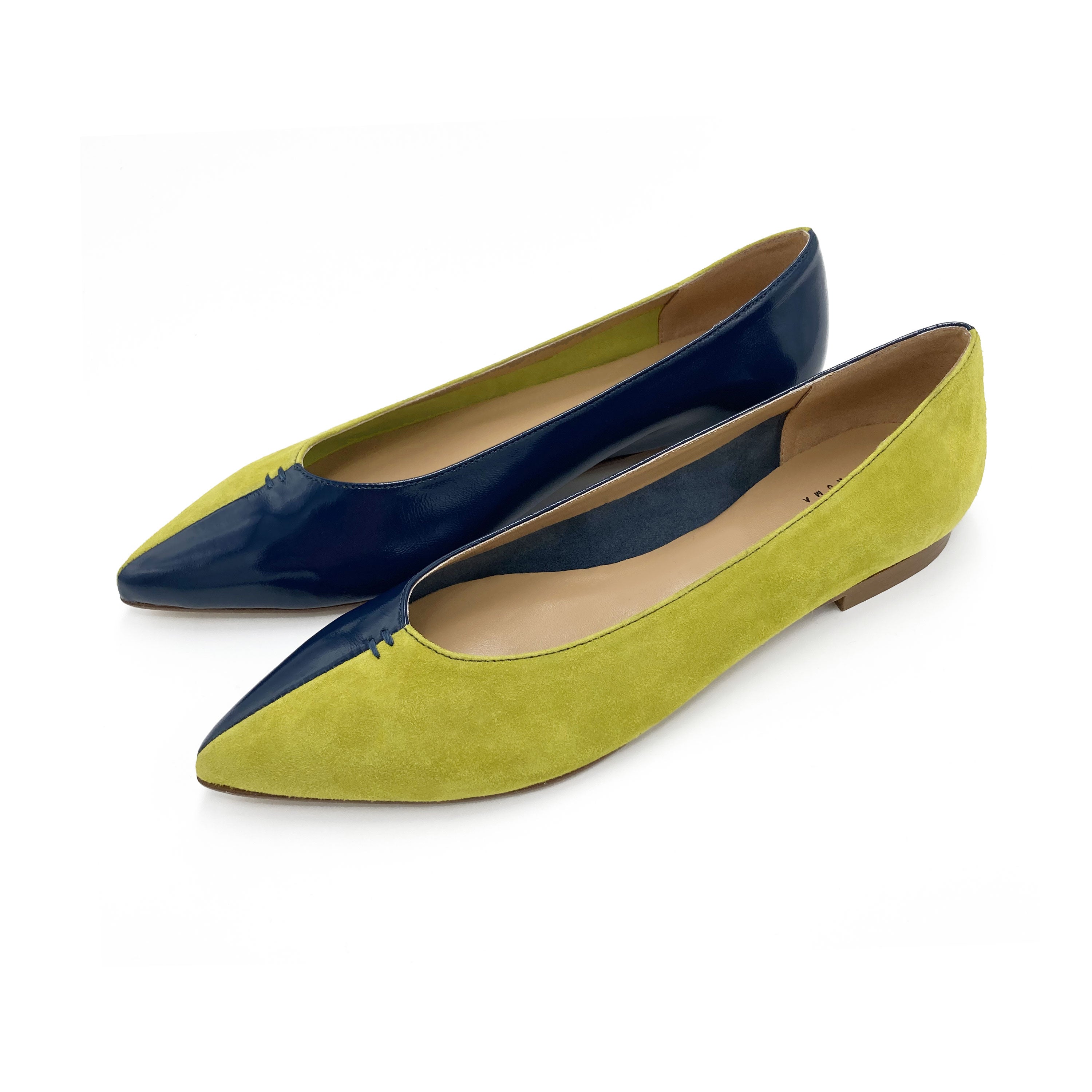 Bicolor pointed toe ballet flats blue and lime