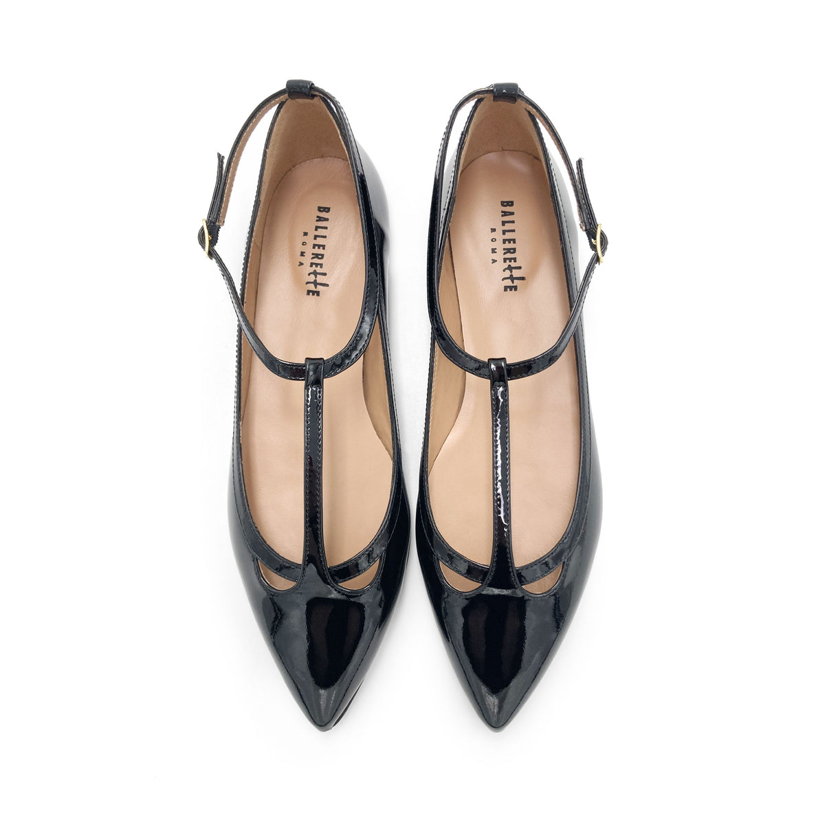 Black patent leather T-bar pointed ballet flats