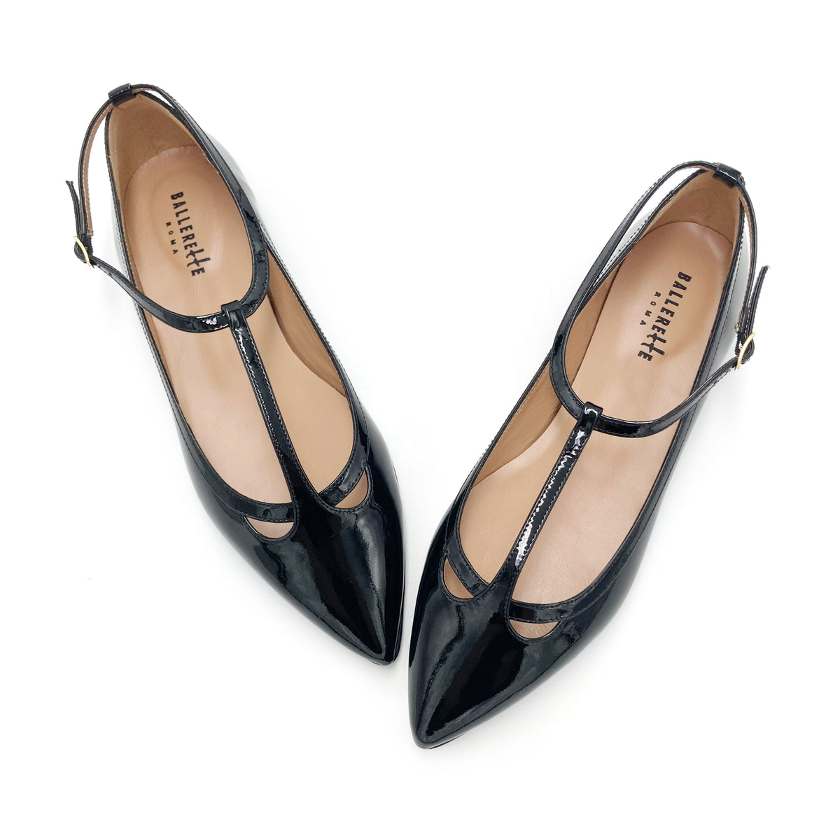 Black patent leather T-bar pointed ballet flats