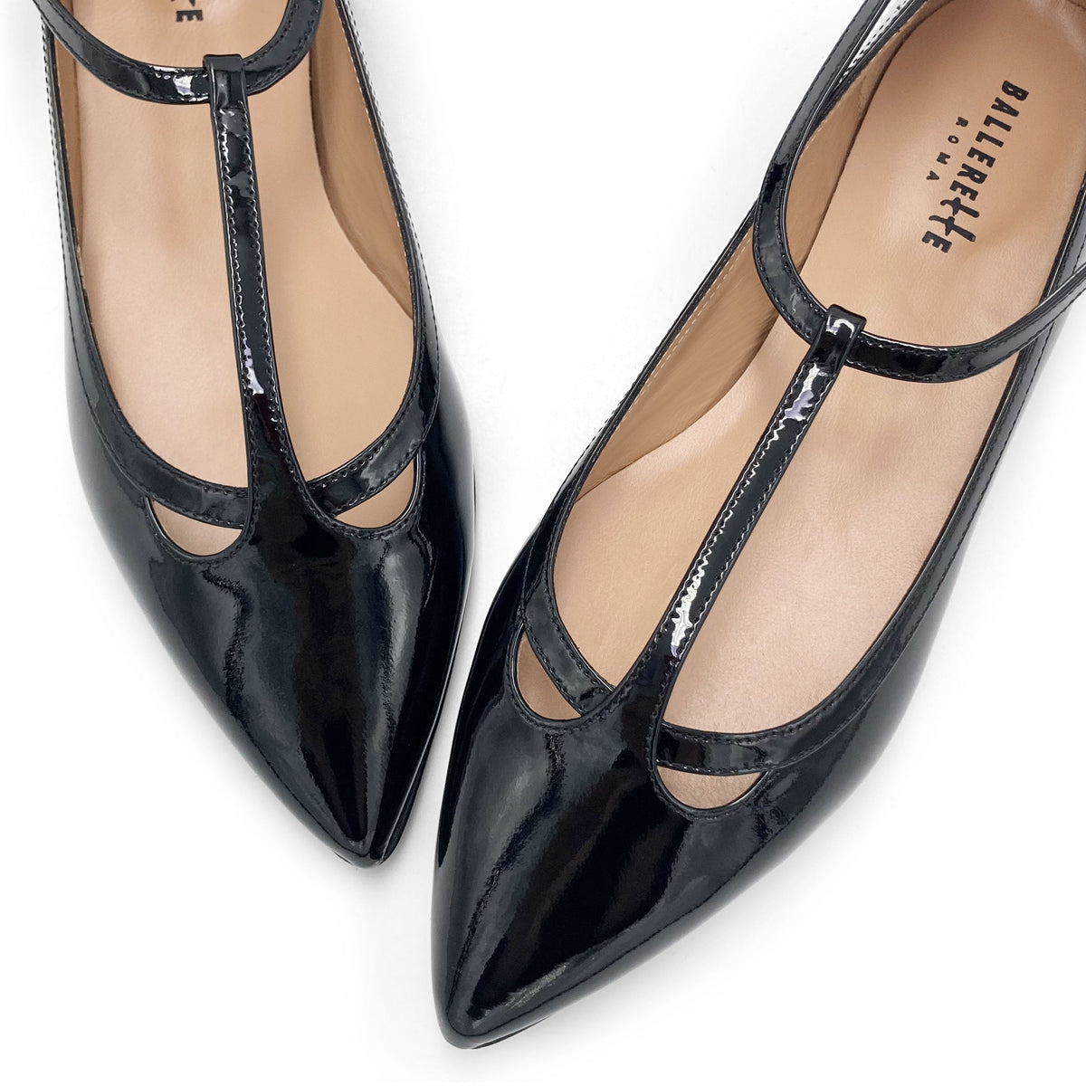 Black patent leather T-bar pointed ballet flats
