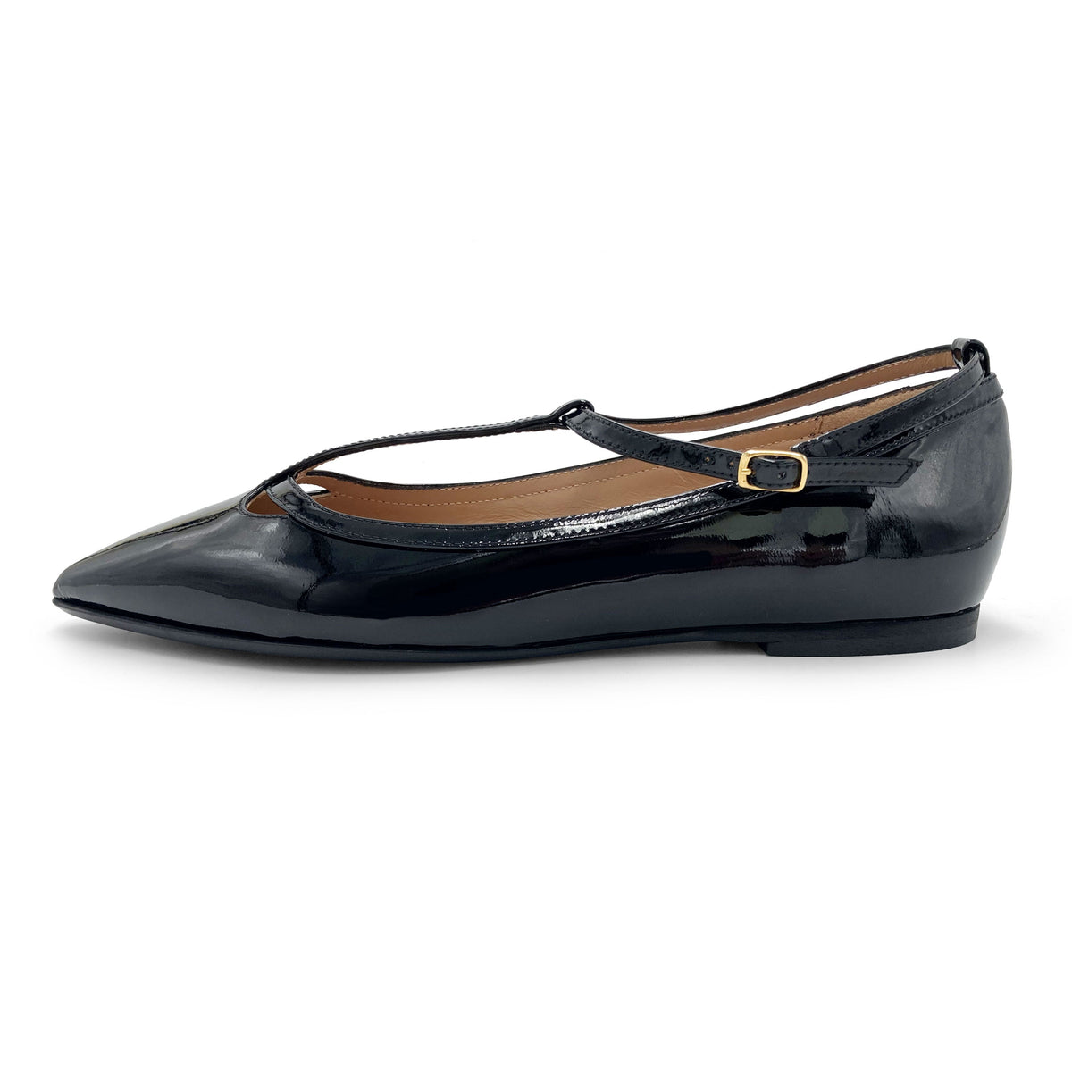 Black patent leather T-bar pointed ballet flats