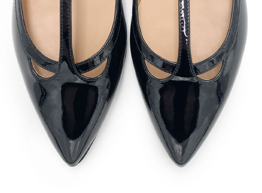 Black patent leather T-bar pointed ballet flats