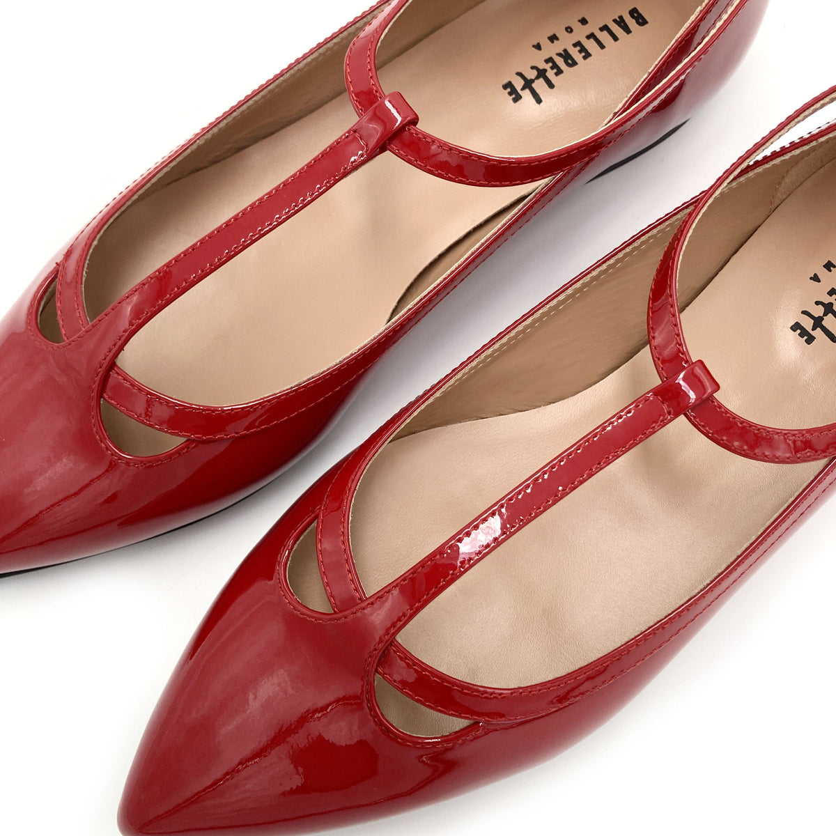 Red patent leather T-bar pointed ballet flats