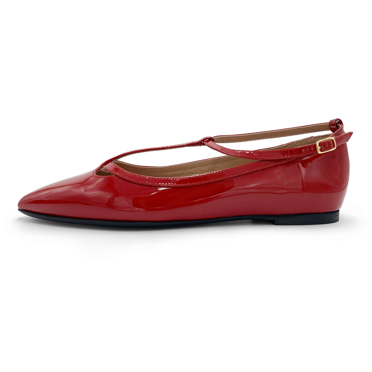 Red patent leather T-bar pointed ballet flats