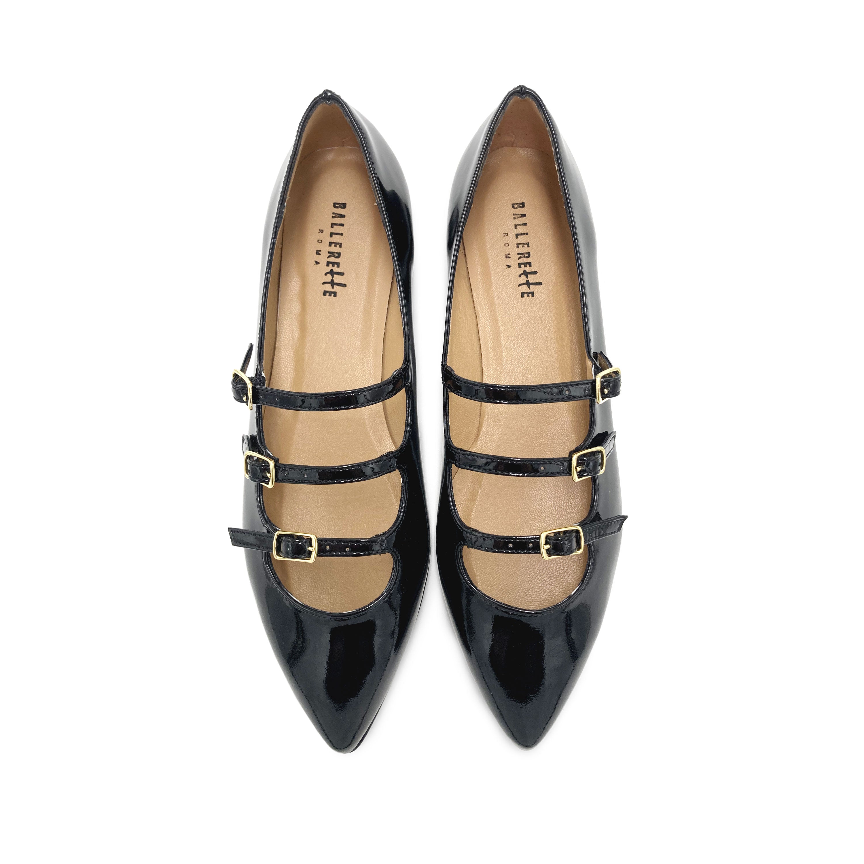 Black shiny pointed ballet flats with three straps
