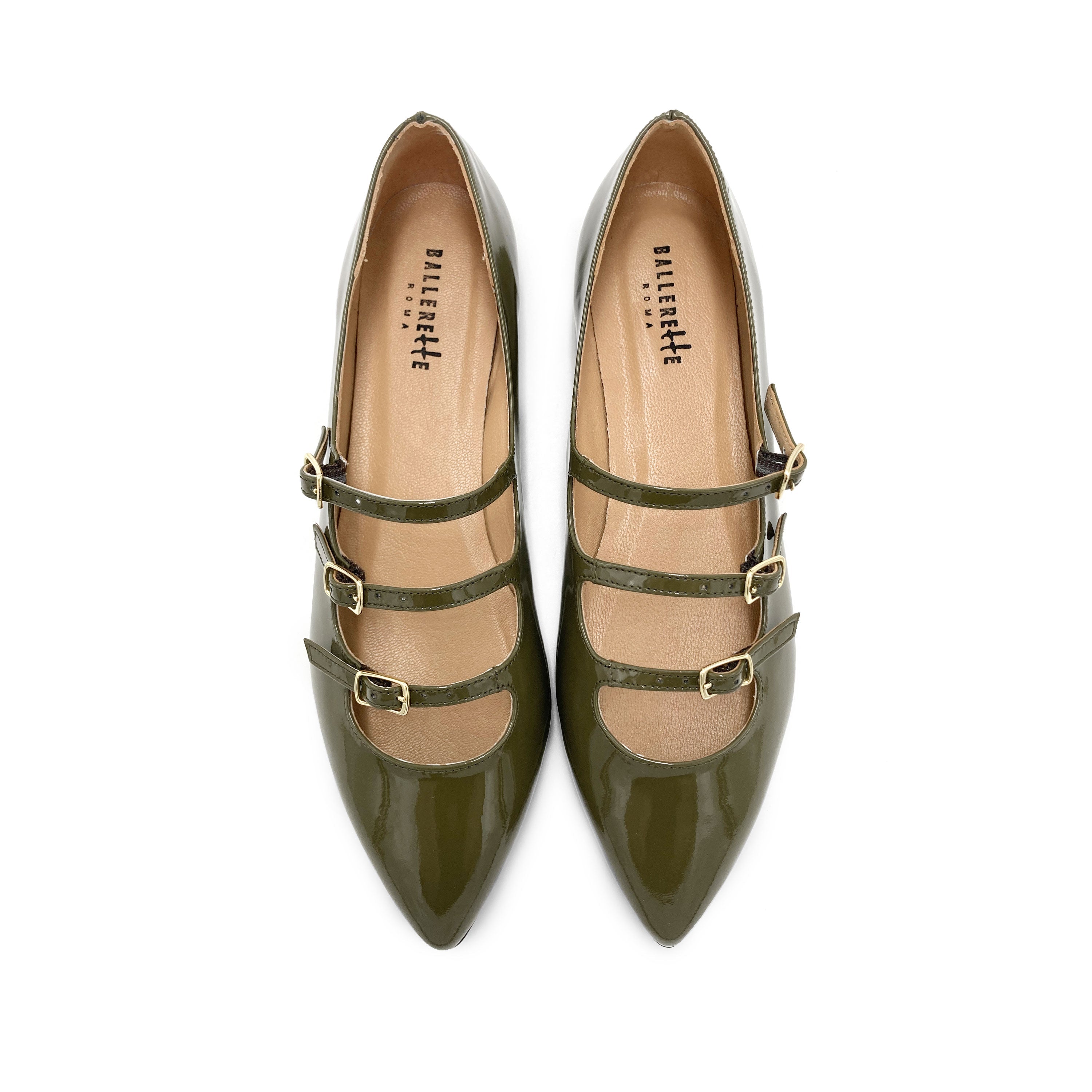 Green shiny pointed ballet flats with three straps