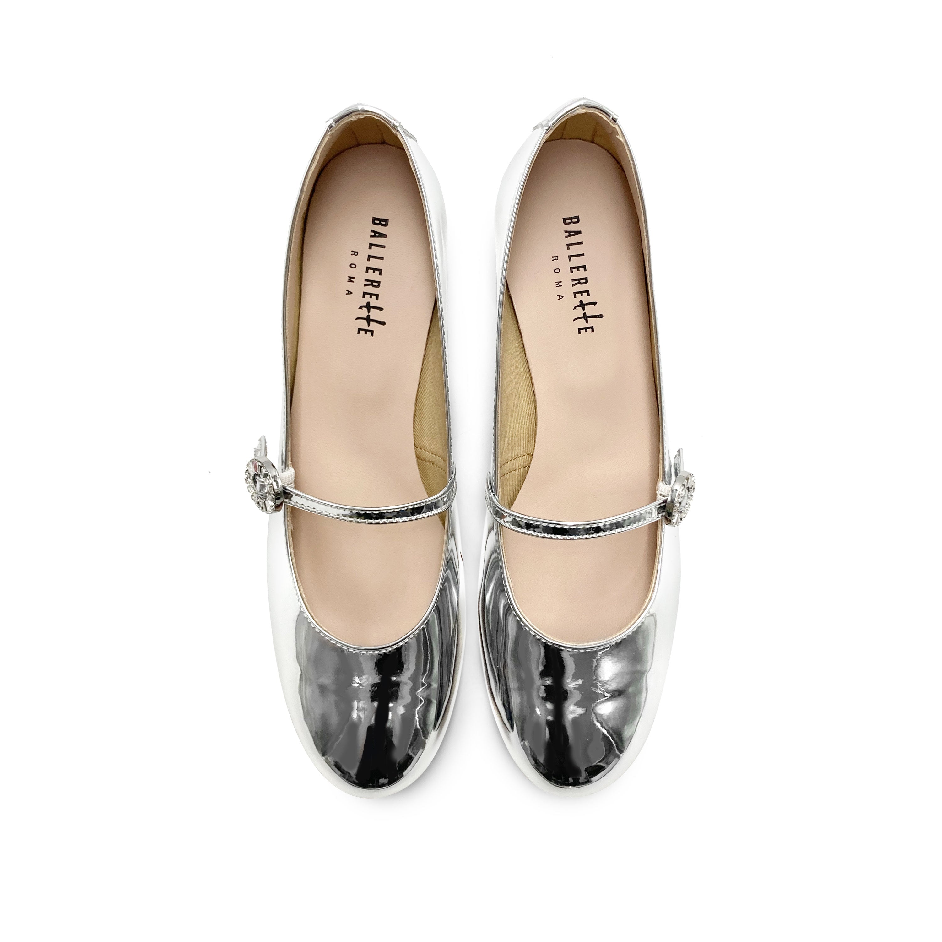 Silver mirrored Mary Jane ballet flats with strap and high heel