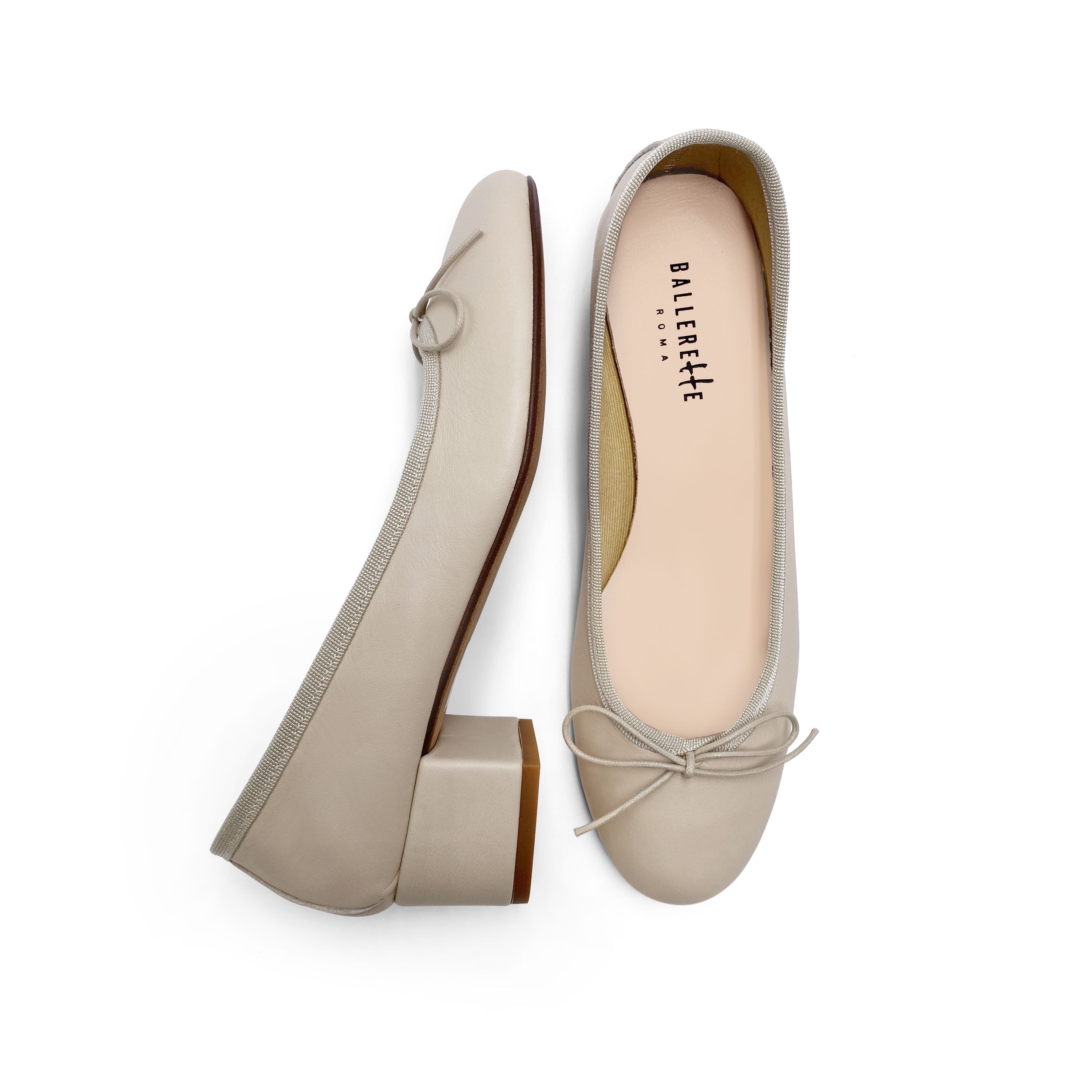 Beige leather ballet flats with heel