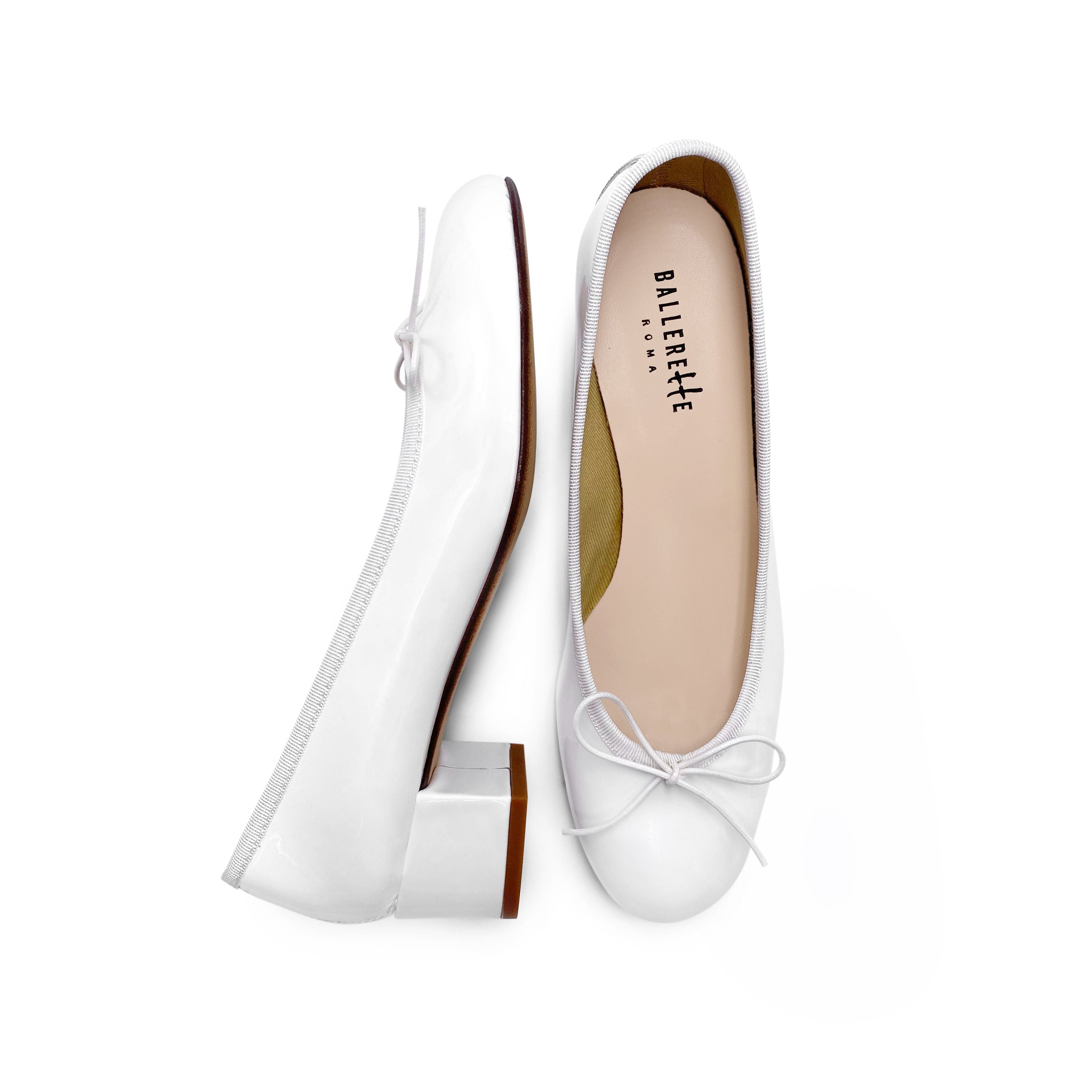 White patent ballerinas with high heels