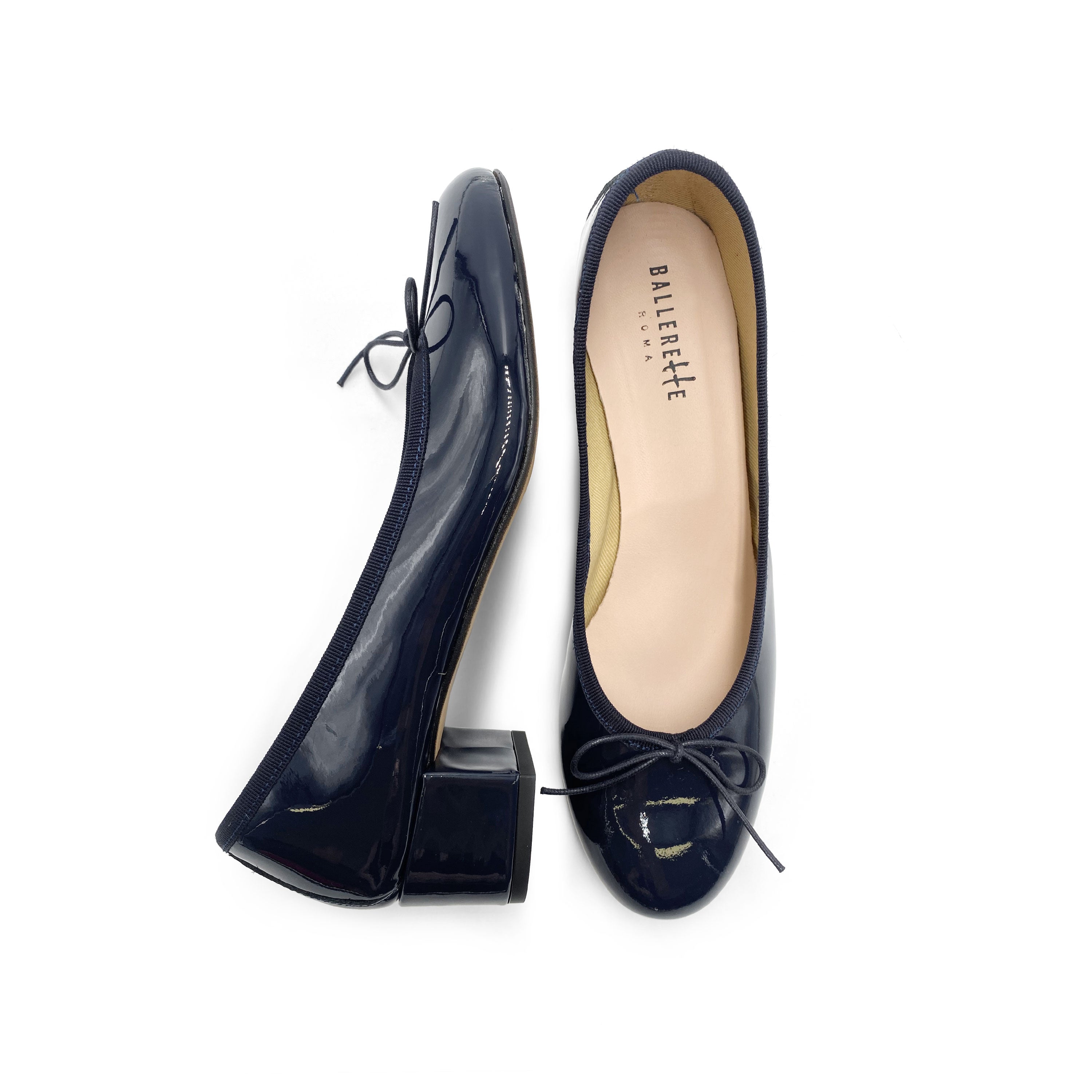 Blue patent leather ballet flats with heel