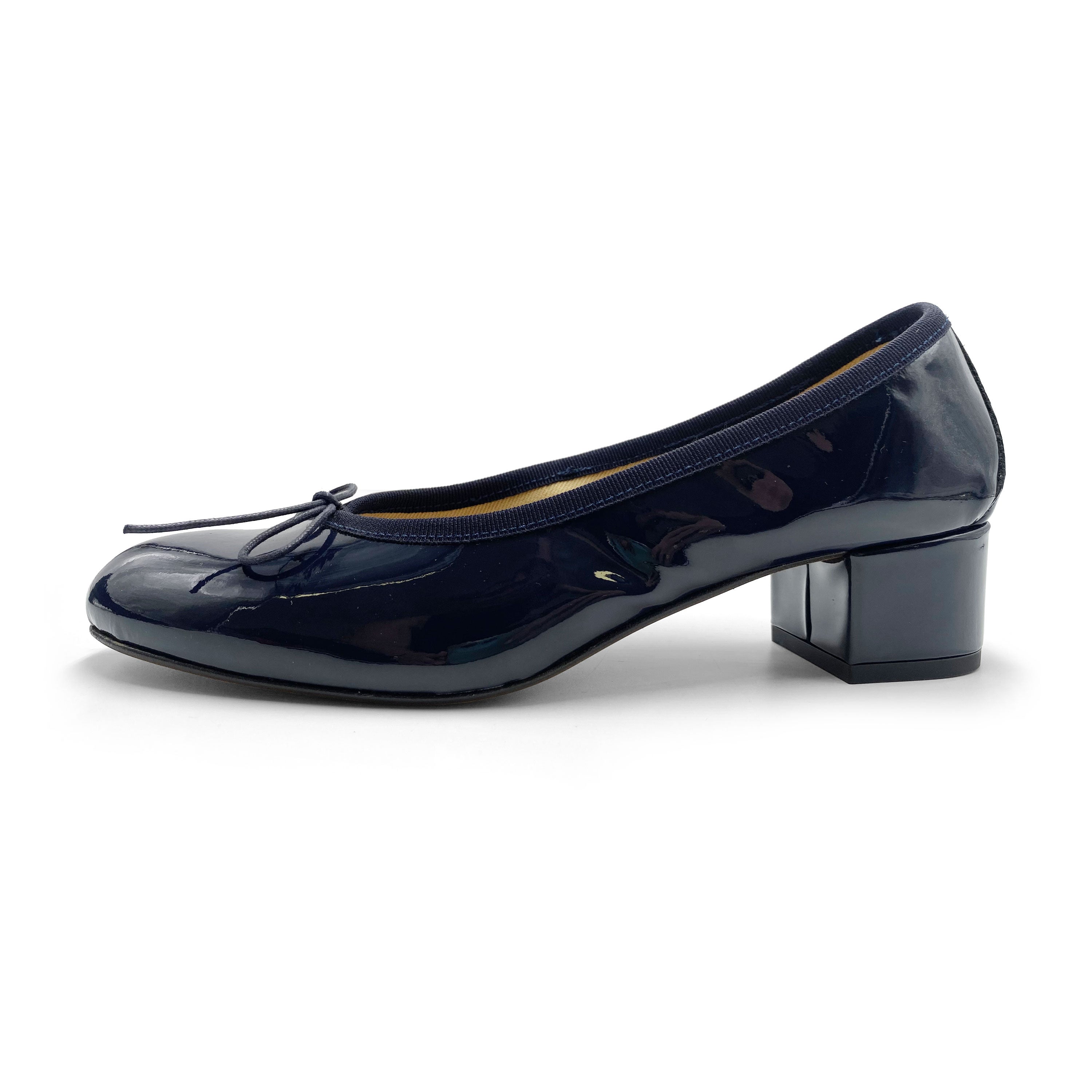 Blue patent leather ballet flats with heel