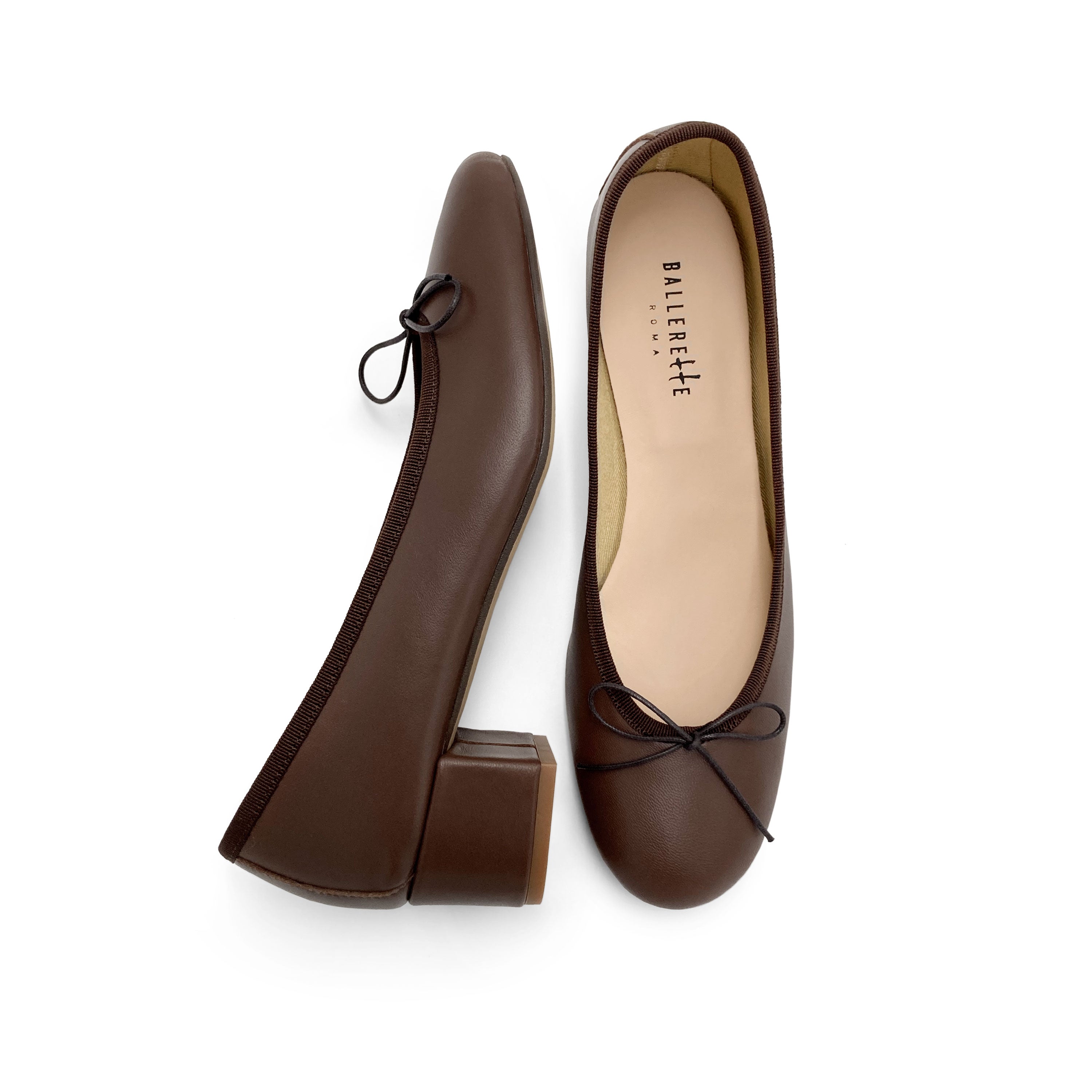 Dark brown leather ballet flats with heel