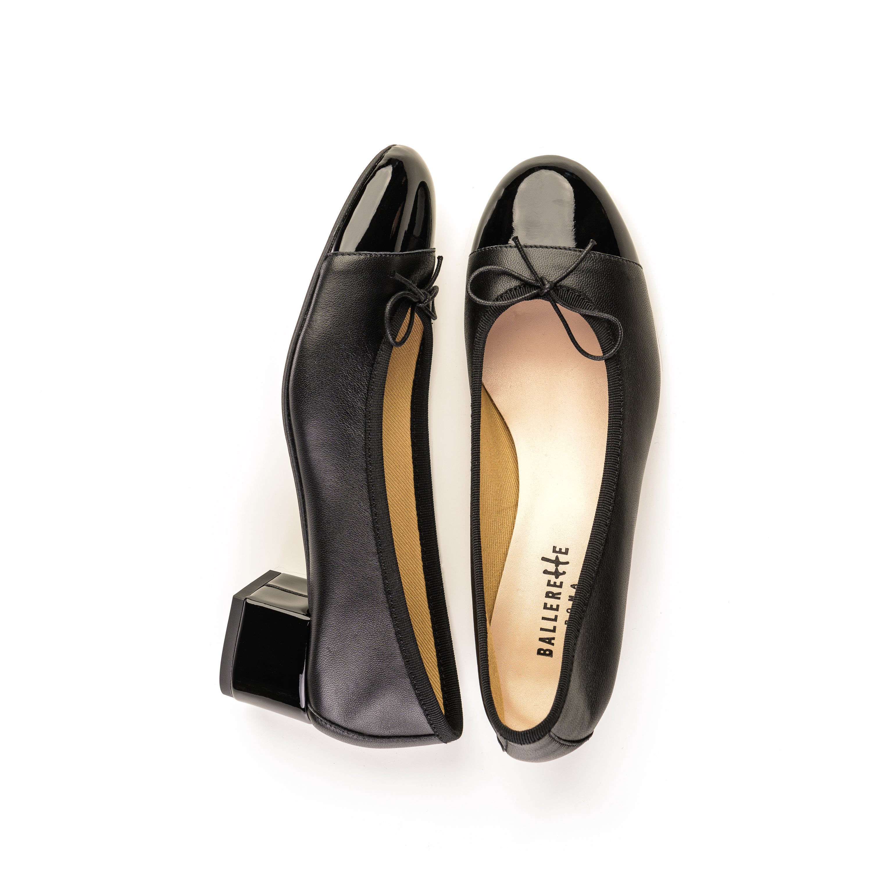 Black leather ballet flats with high heel and patent toe