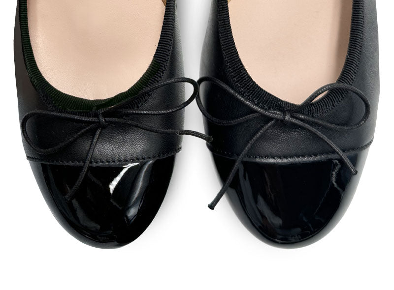 Black leather ballet flats with high heel and patent toe