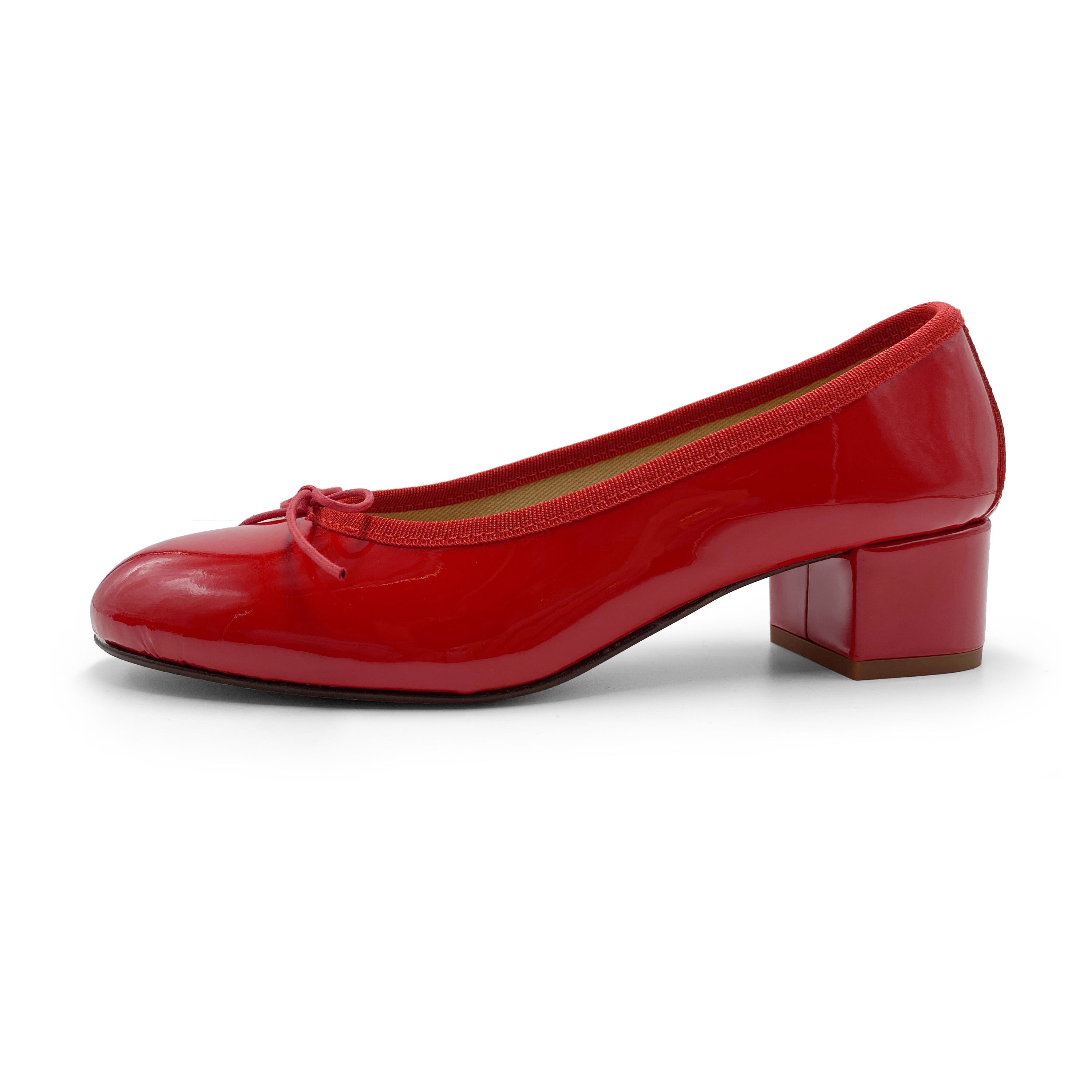 Red patent leather ballet flats with heel