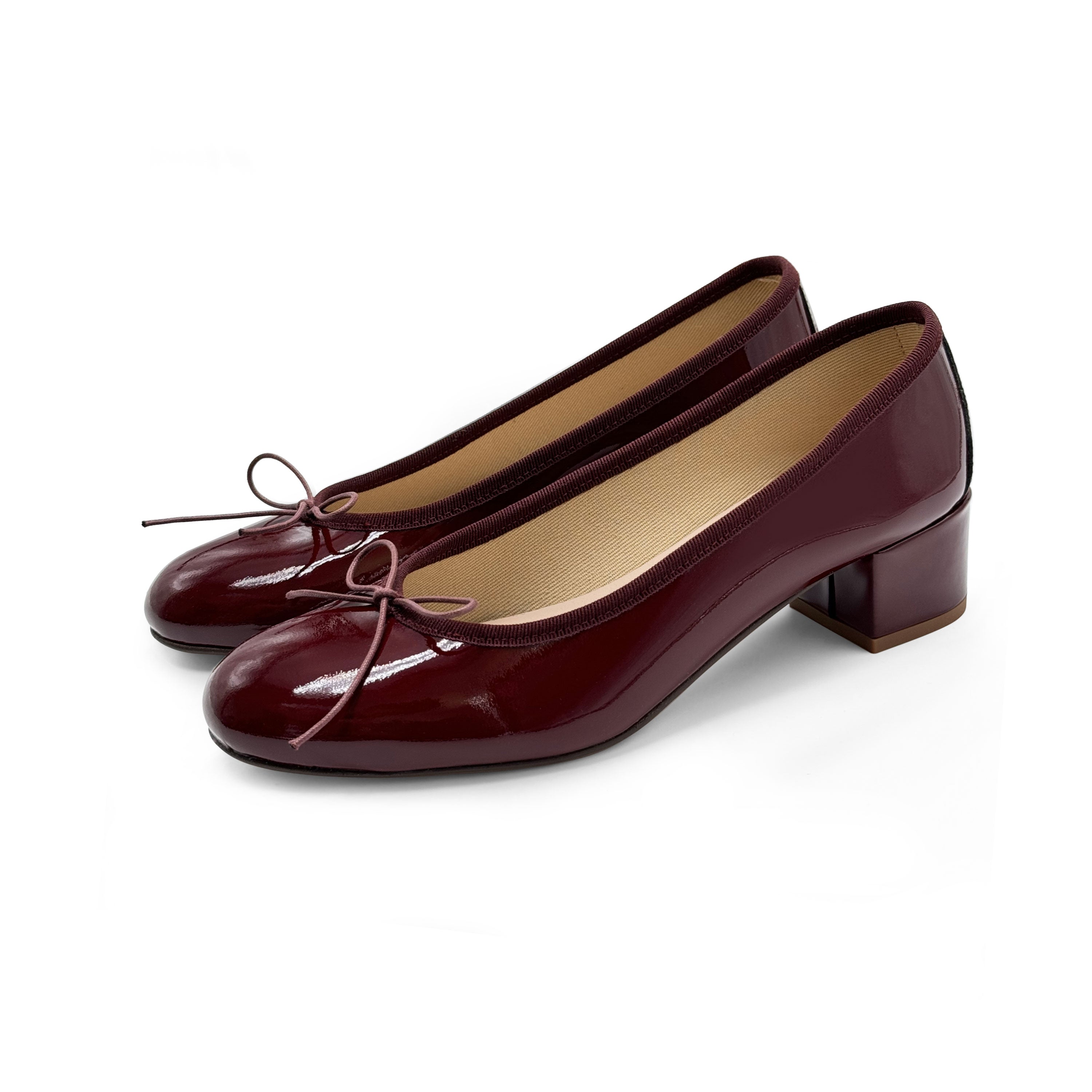 Burgundy patent leather ballet flats with heel