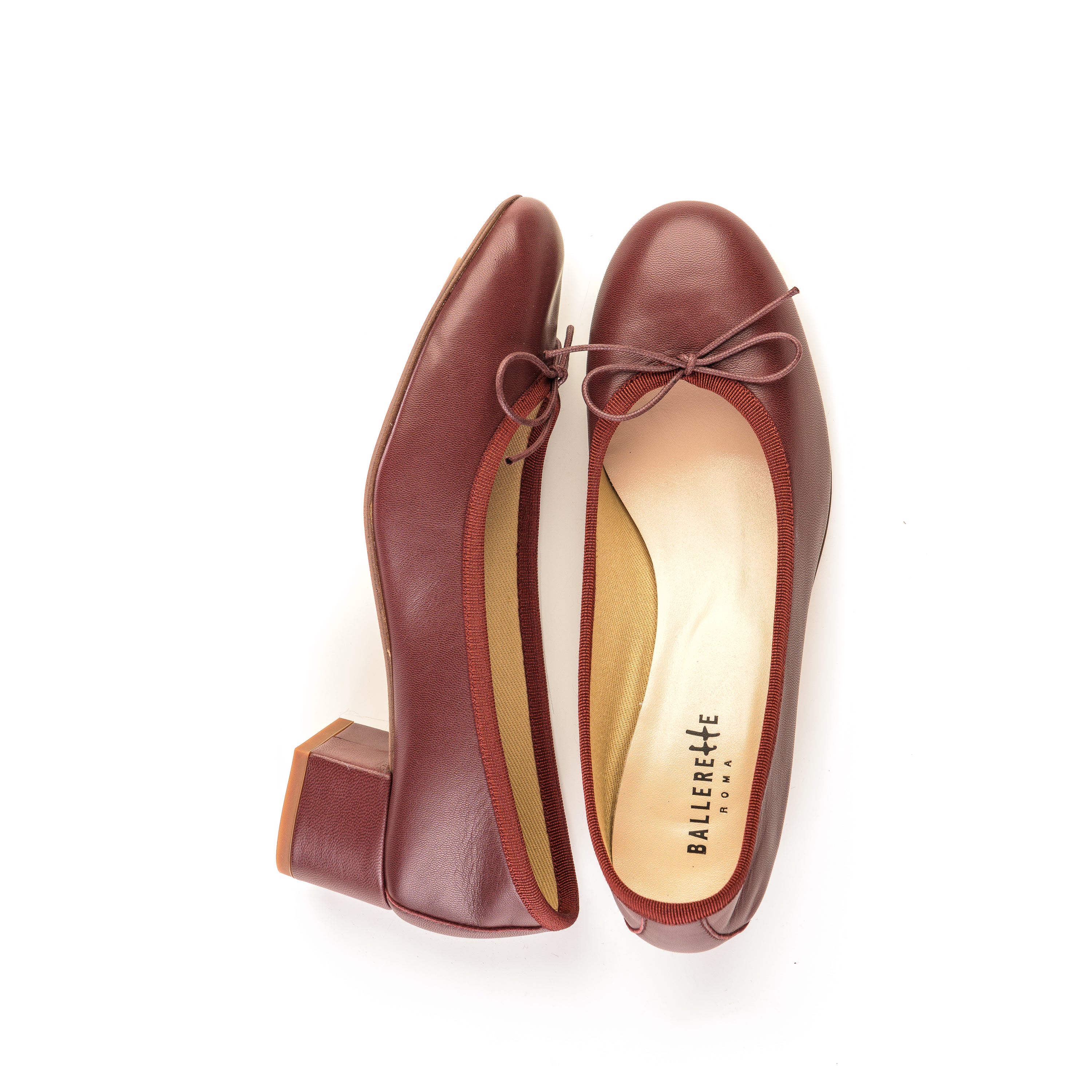 Burgundy leather ballet flats with heel