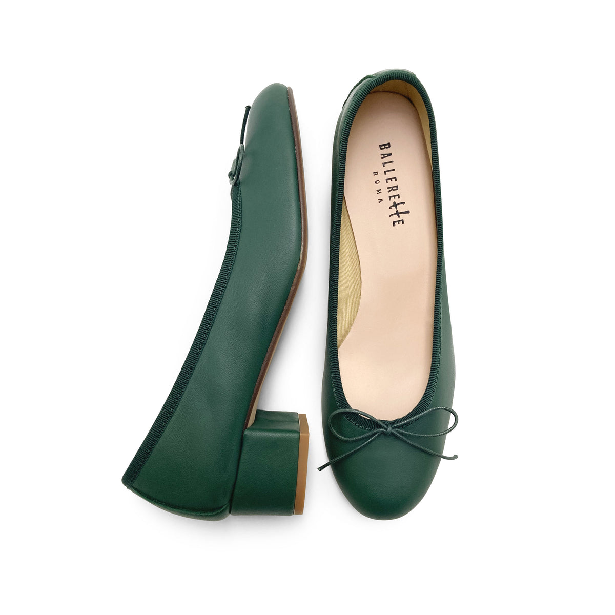 Bottle green leather ballet shoes with heels