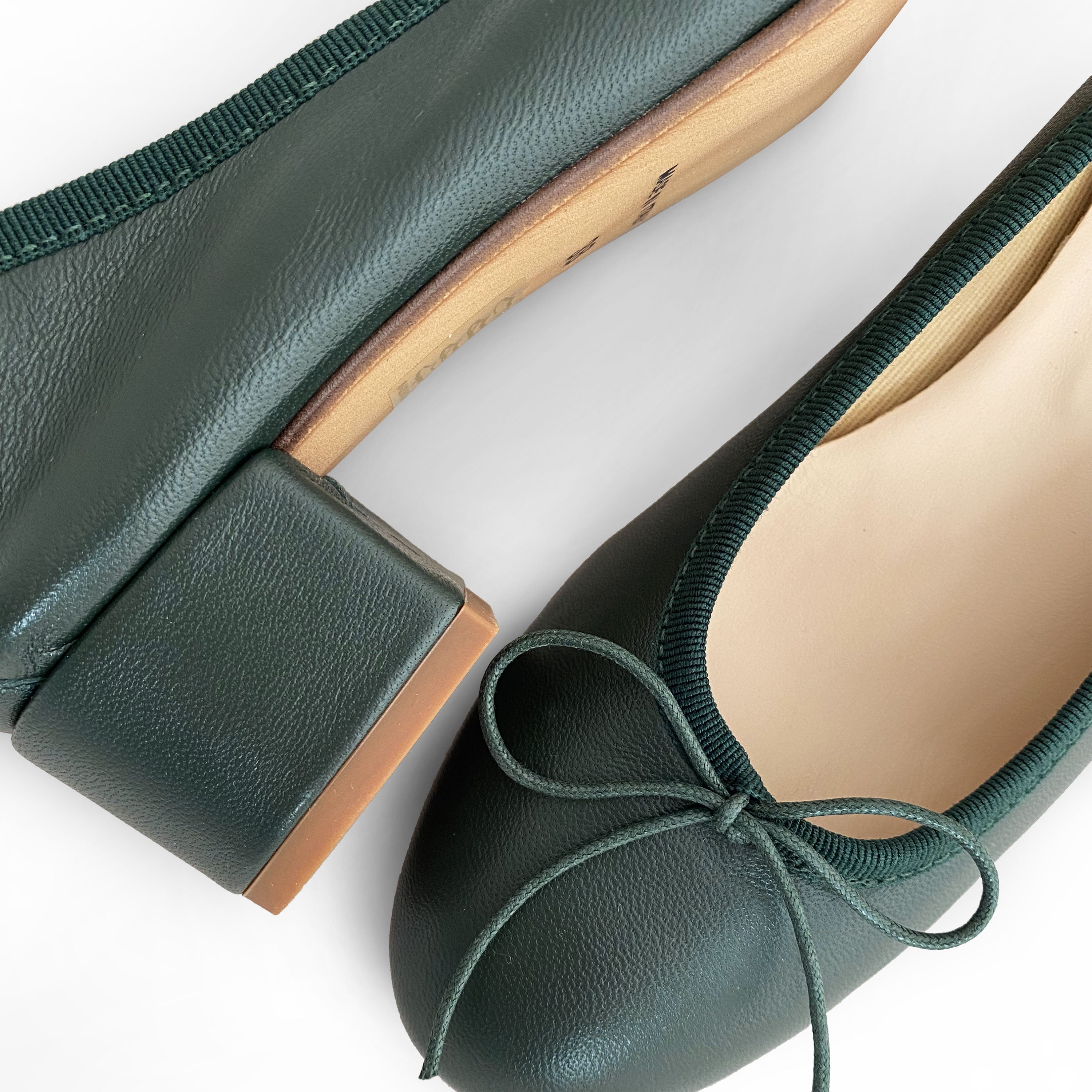 Bottle green leather ballet shoes with heels