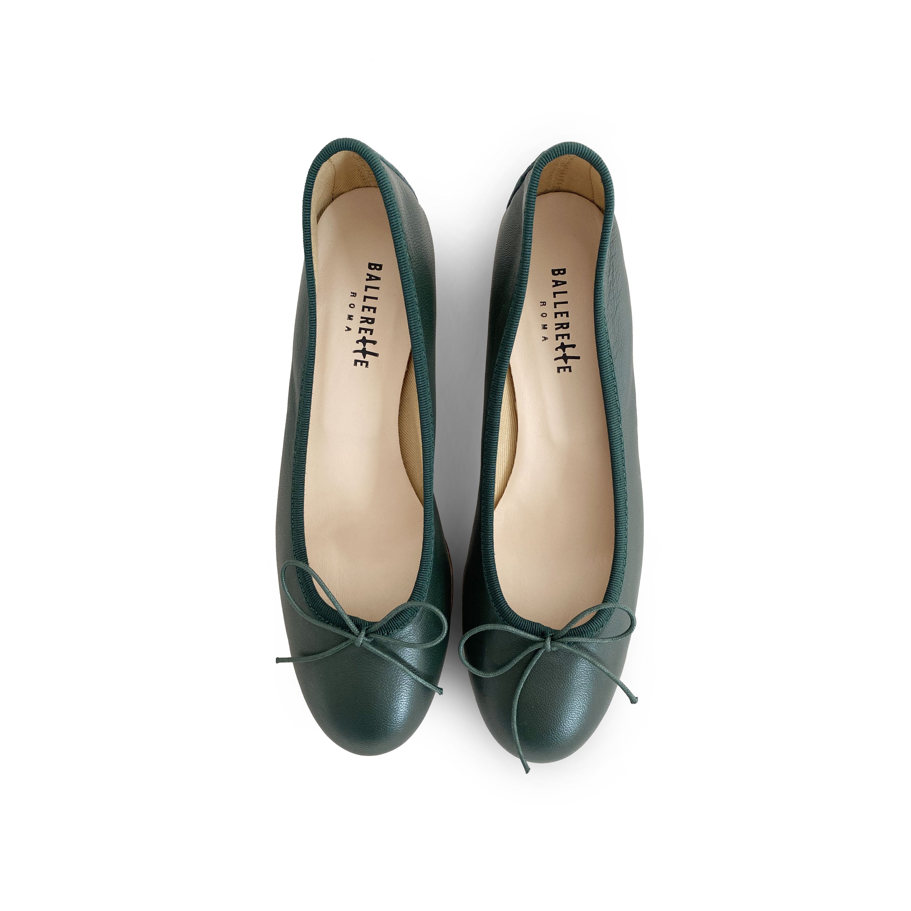 Bottle green leather ballet shoes with heels