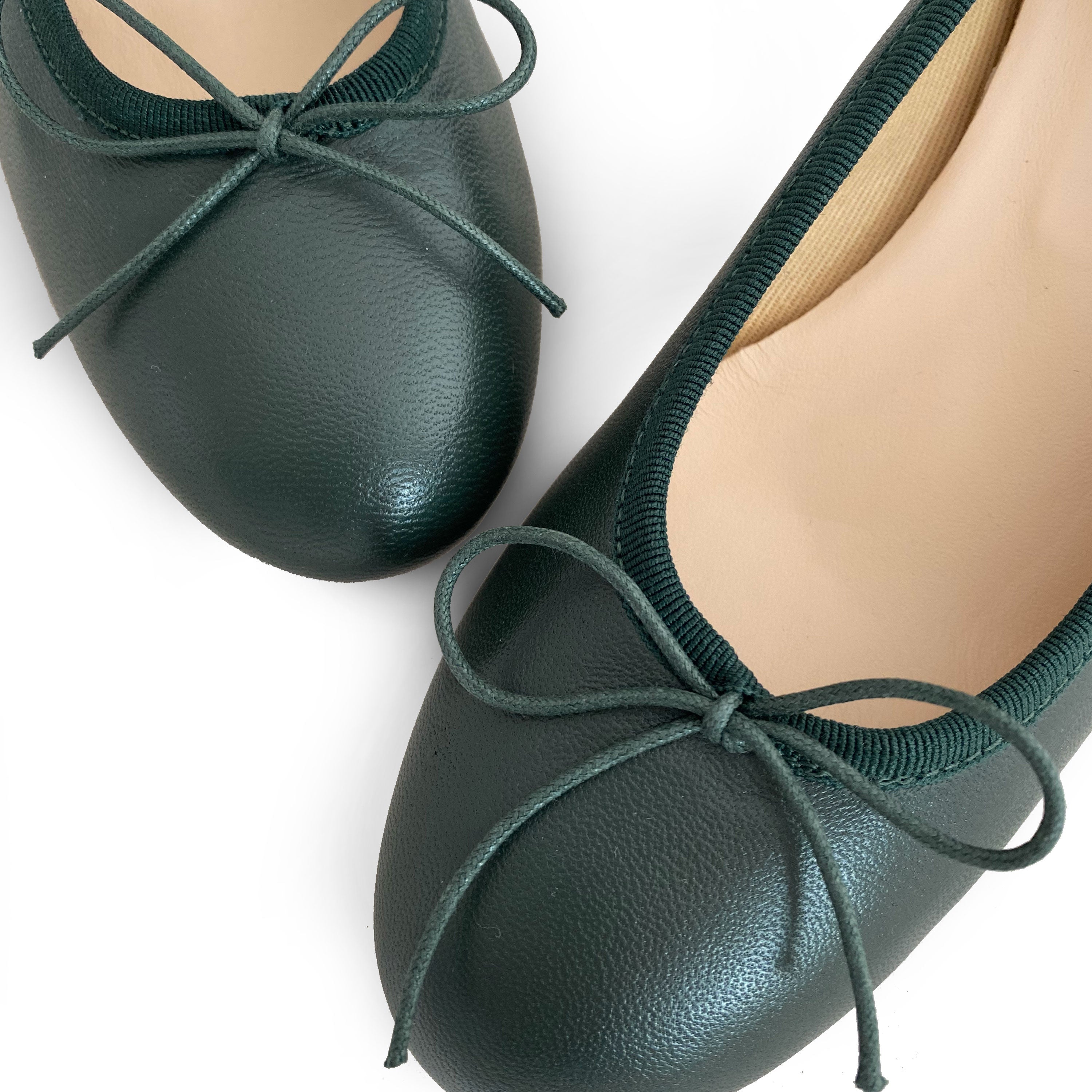 Bottle green leather ballet shoes with heels