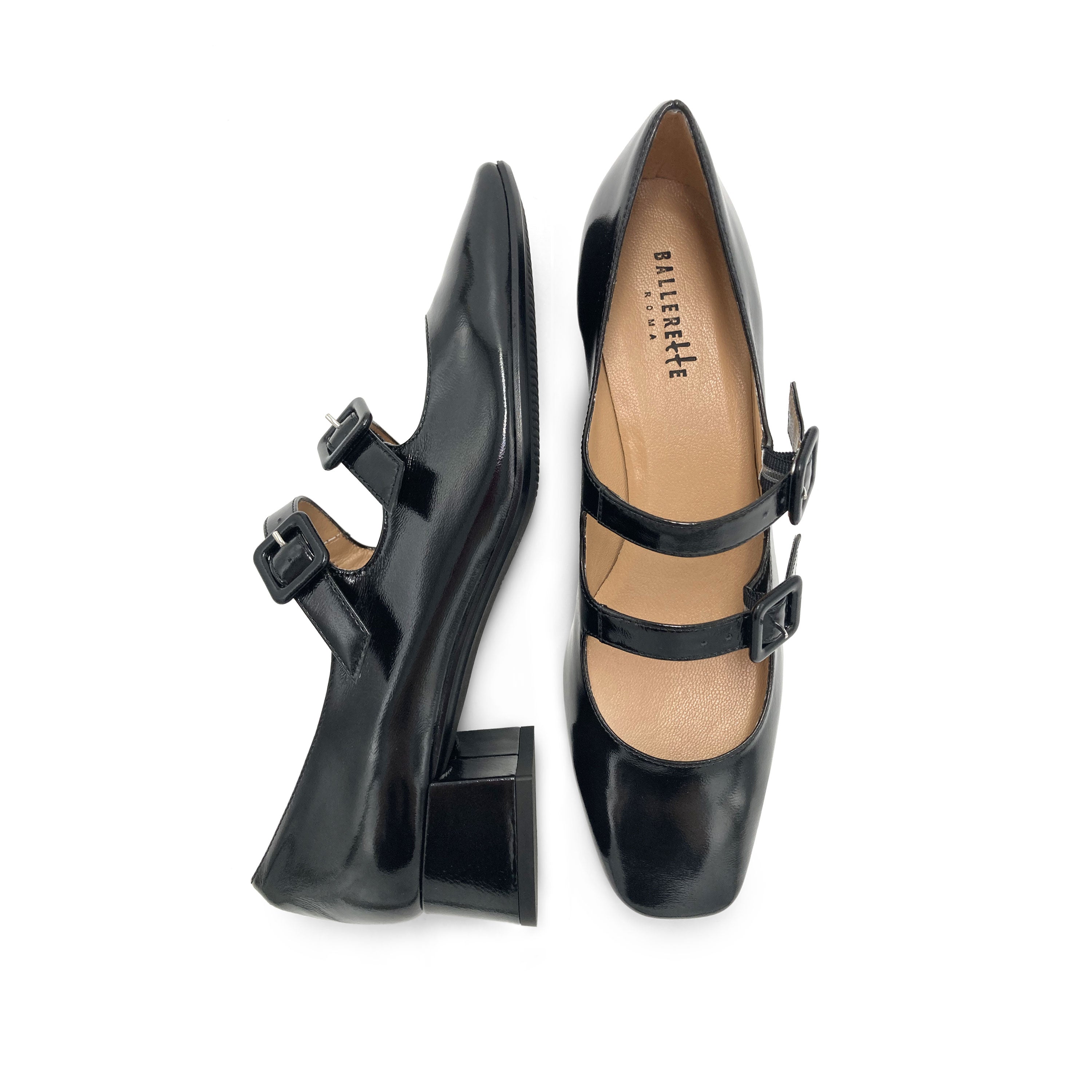 Black patent Mary Jane ballet flats with heel and square toe