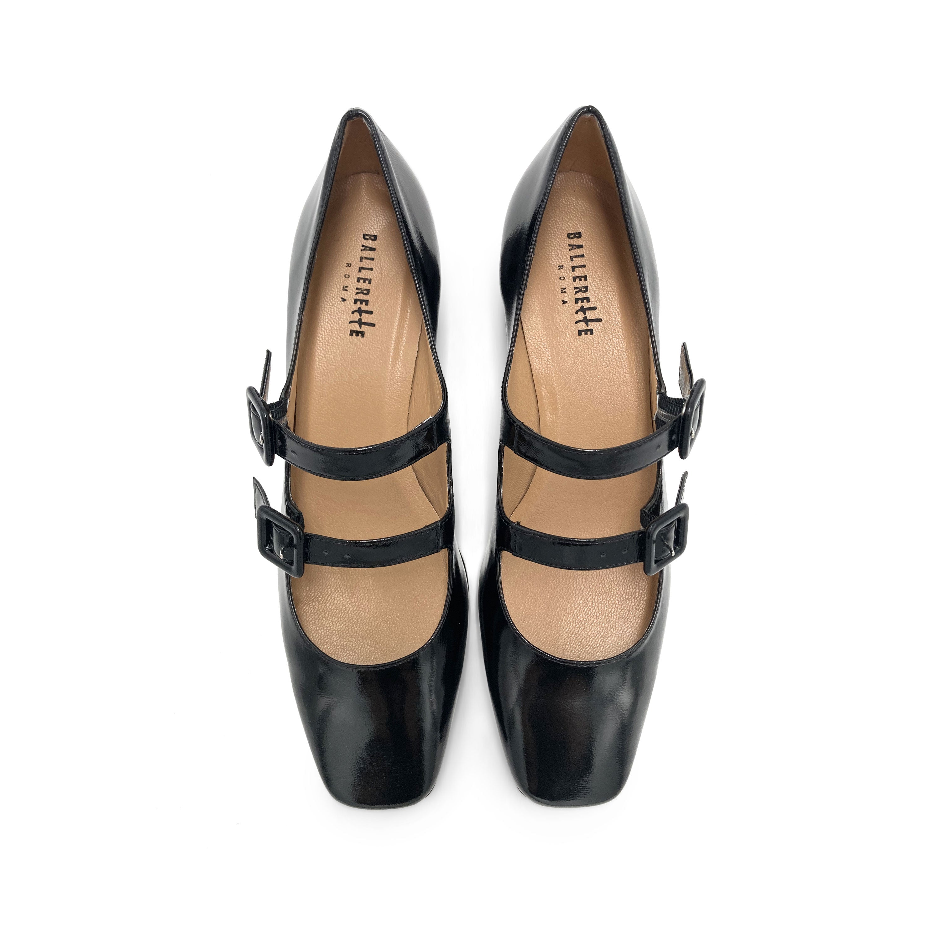 Black patent Mary Jane ballet flats with heel and square toe
