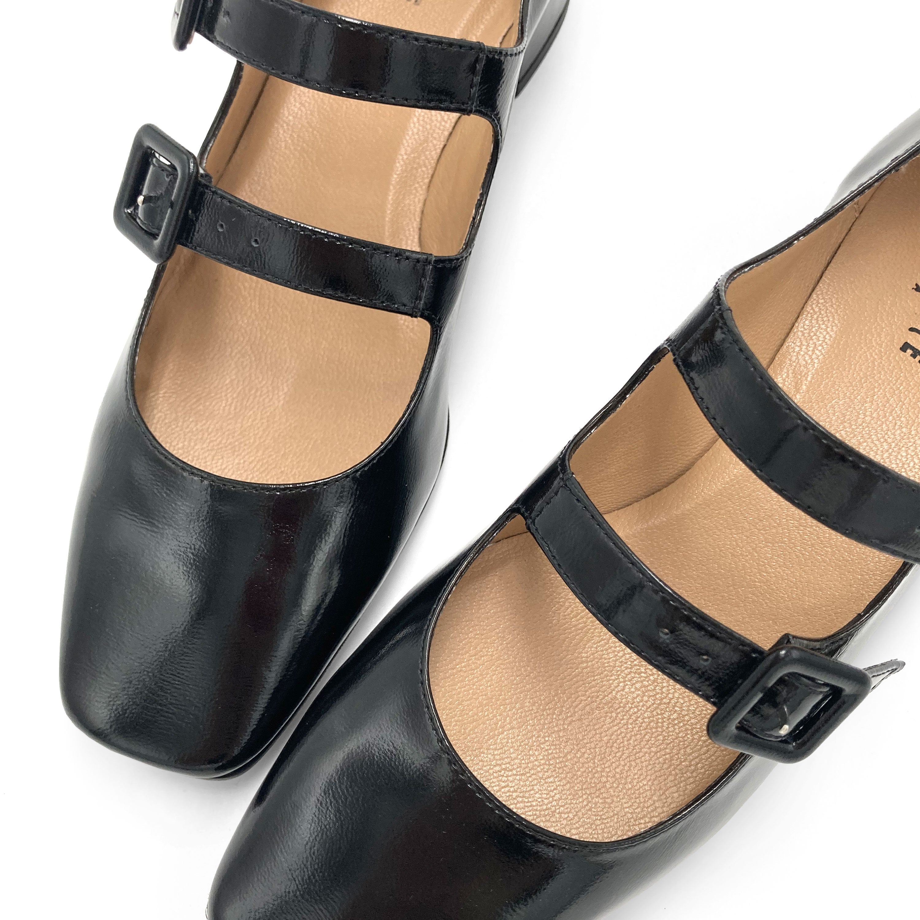 Black patent Mary Jane ballet flats with heel and square toe