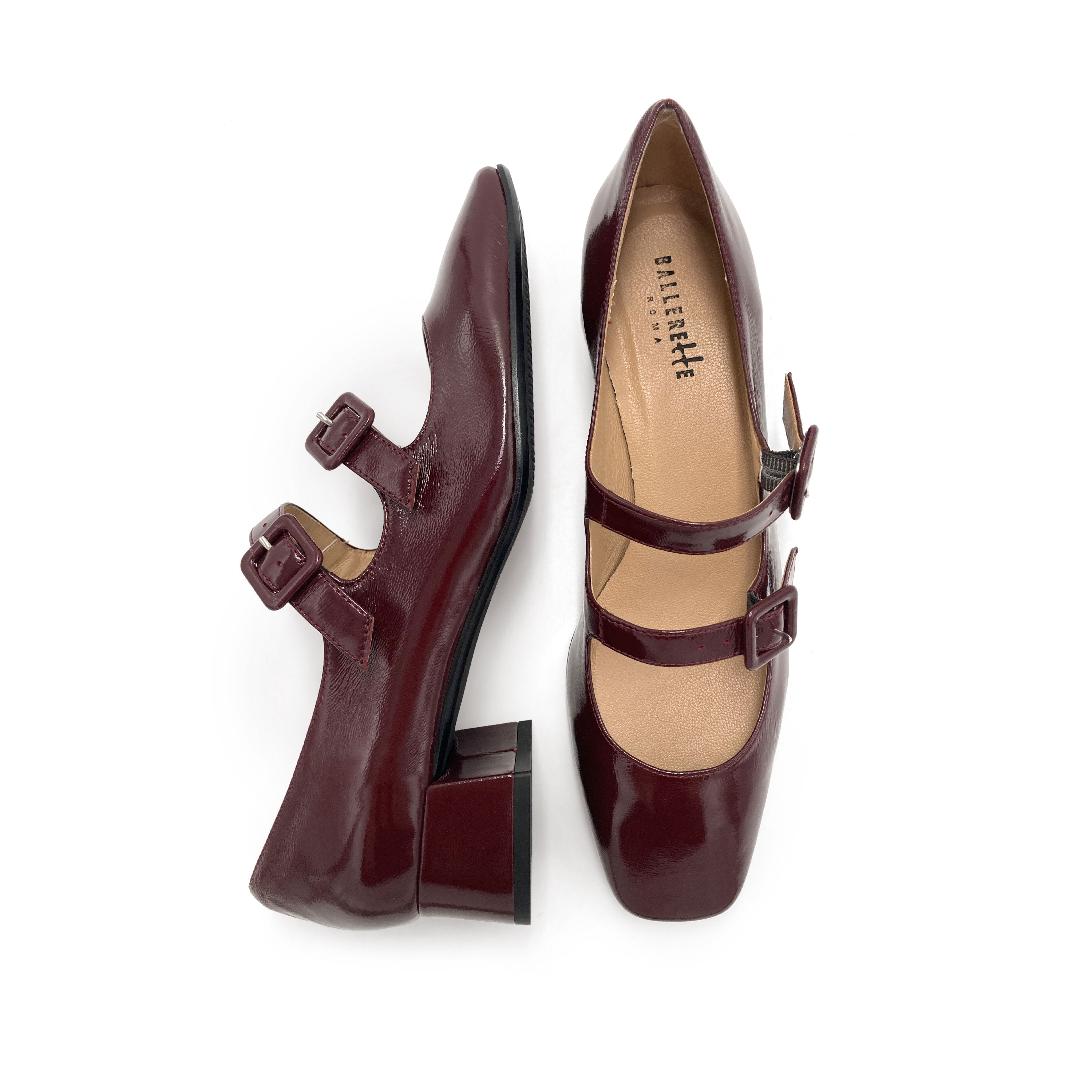 Shiny burgundy Mary Jane ballet flats with heel and square toe