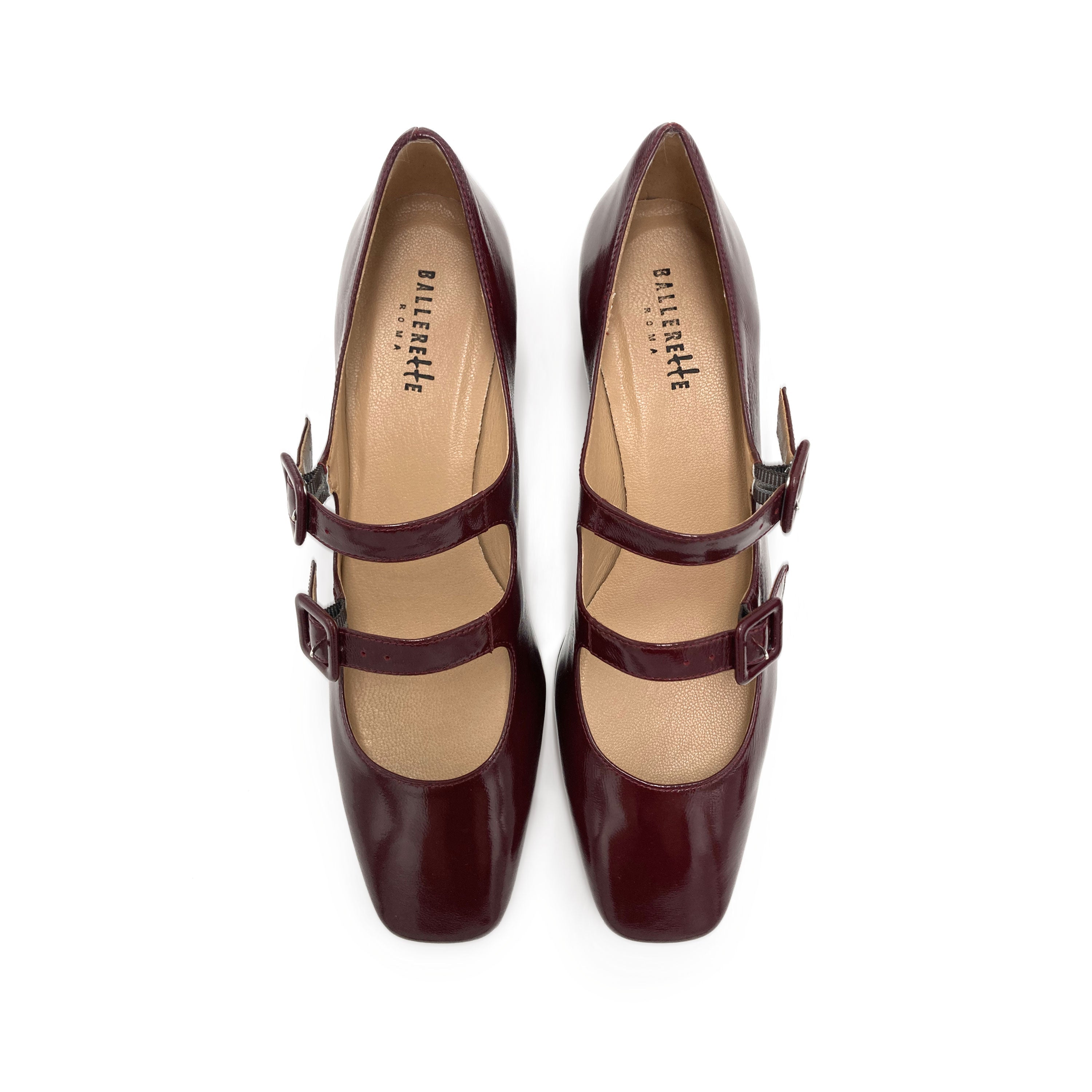Shiny burgundy Mary Jane ballet flats with heel and square toe