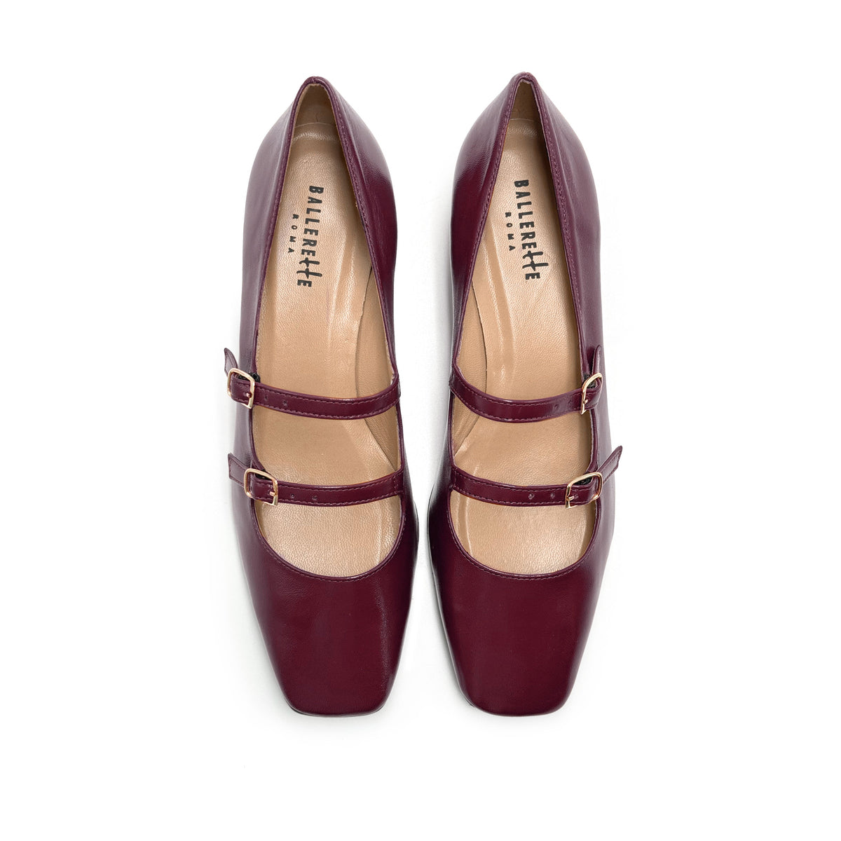 Glossy burgundy Mary Jane ballerinas with square toe and straps