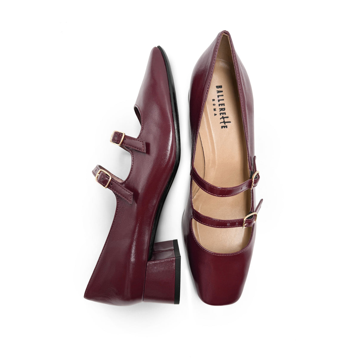 Glossy burgundy Mary Jane ballerinas with square toe and straps