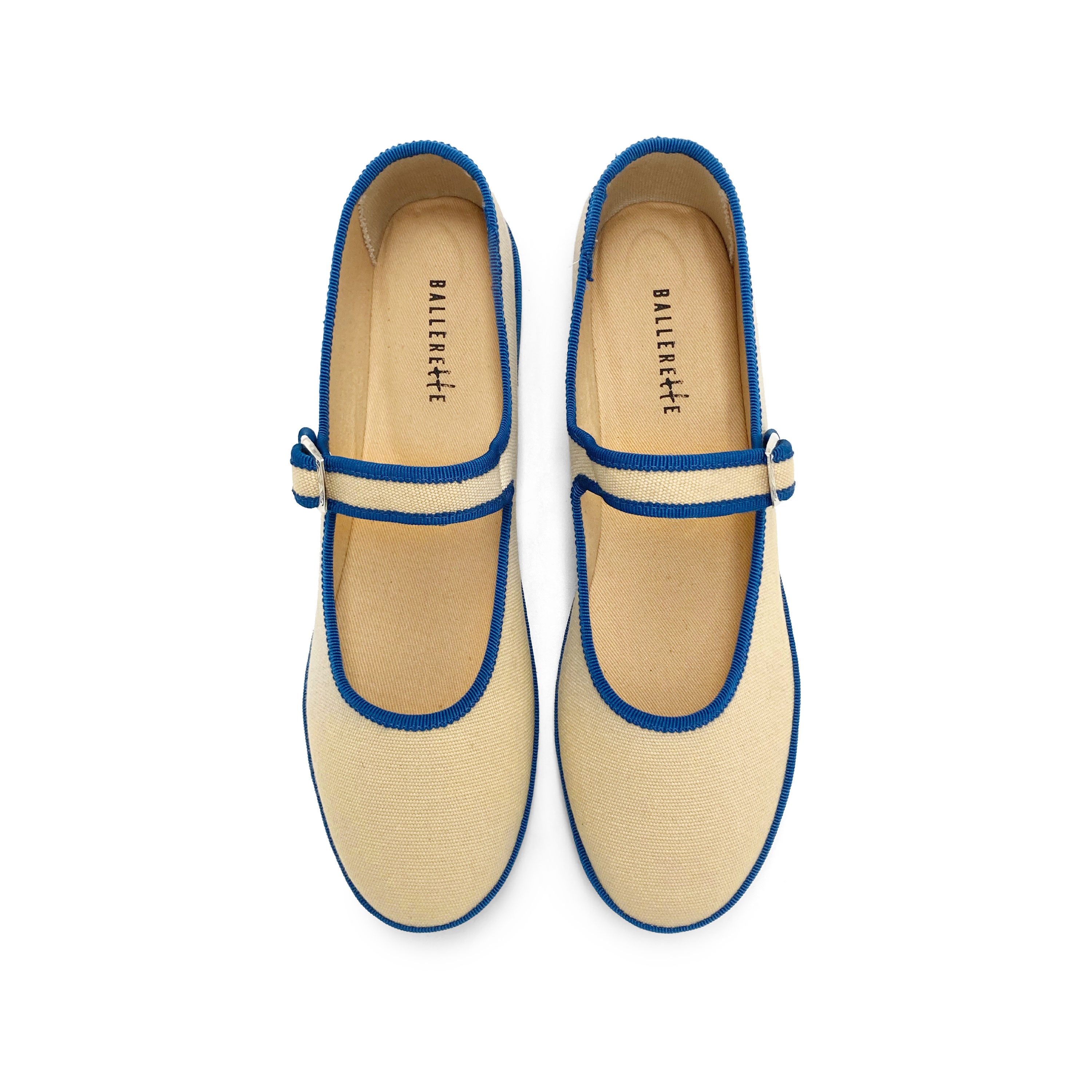 Beige Cotton Mary Jane Friulane with Blue Details
