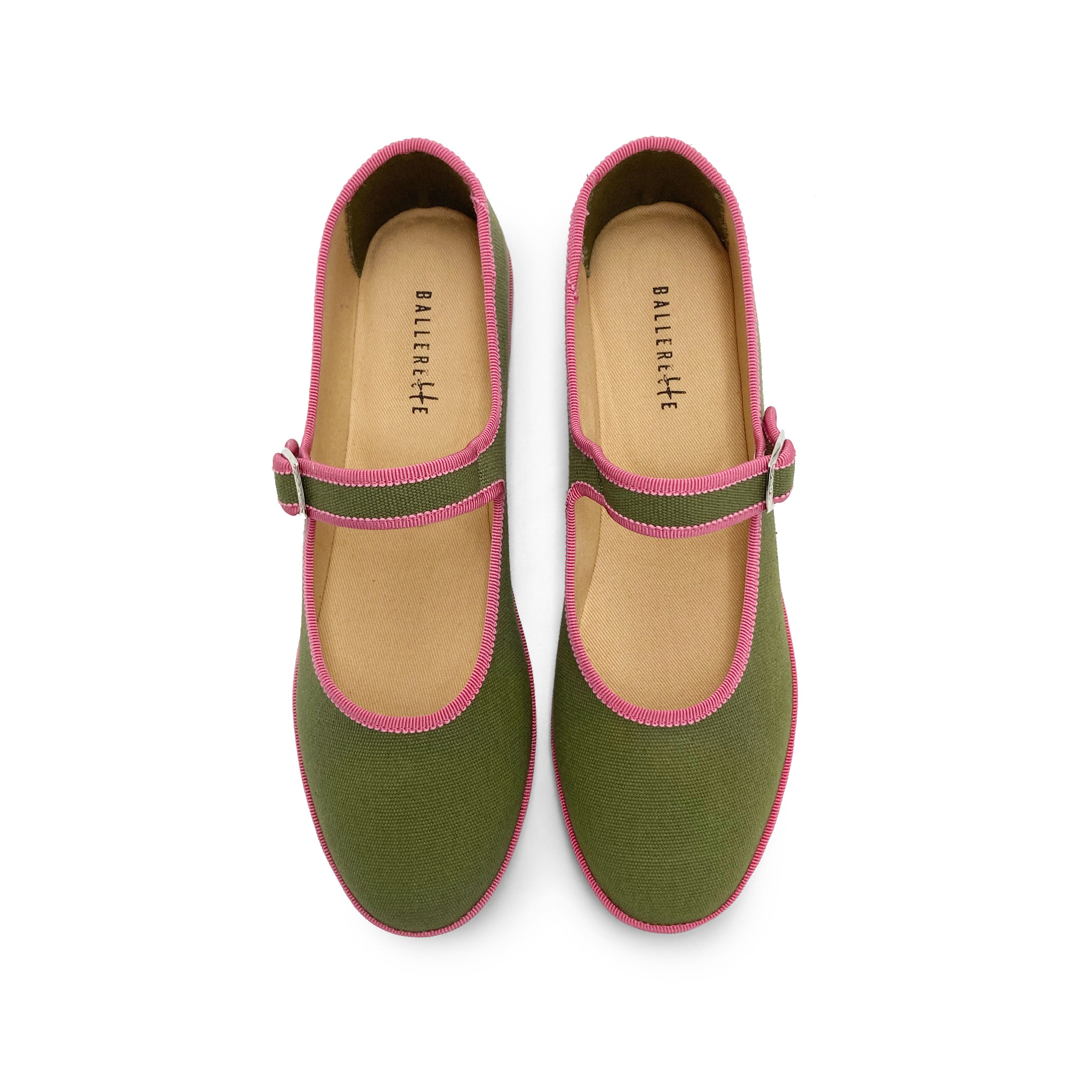 Olive Green Cotton Mary Jane Friulane with Peony Pink Details