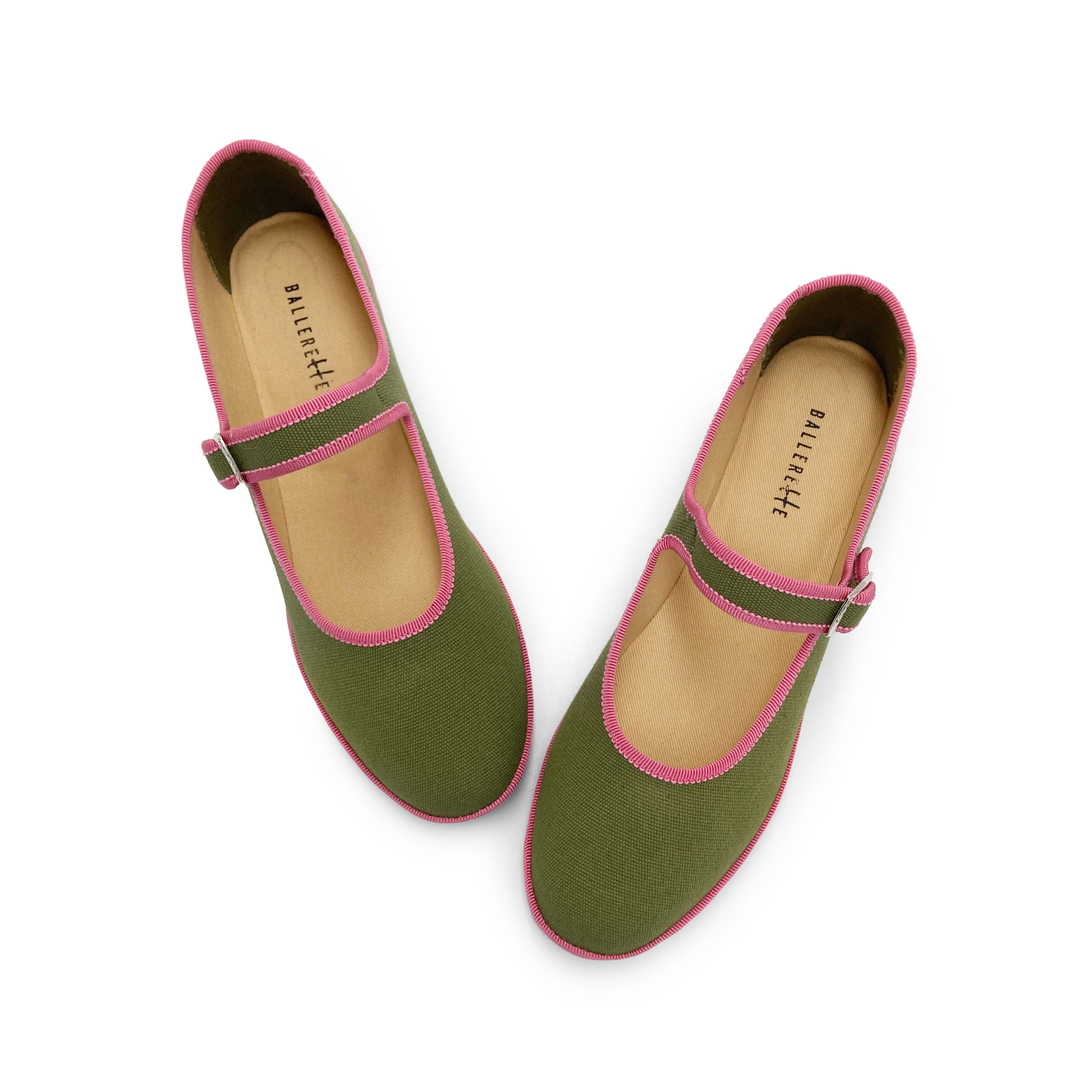 Olive Green Cotton Mary Jane Friulane with Peony Pink Details