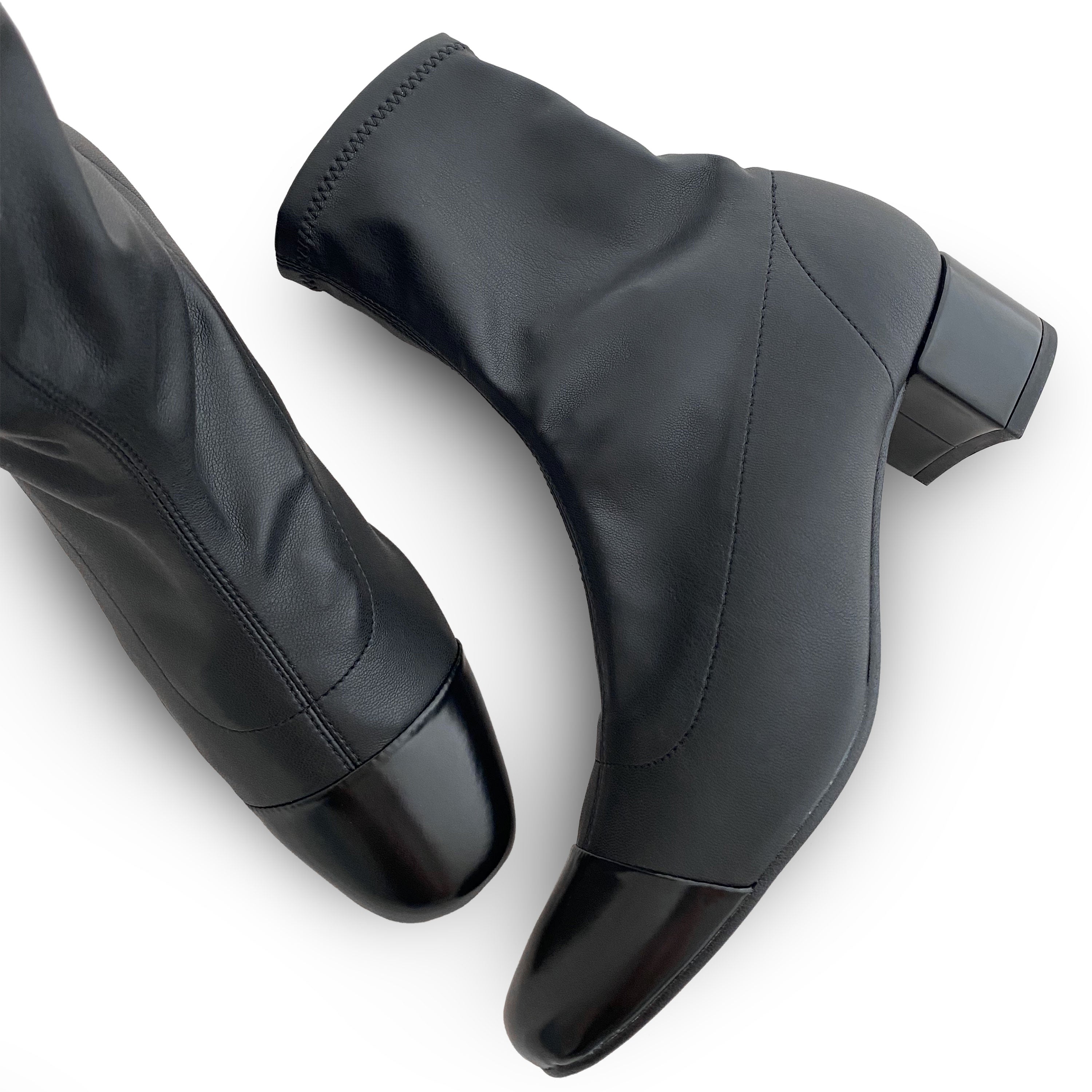 Black stretch ankle socks boots with black leather toe