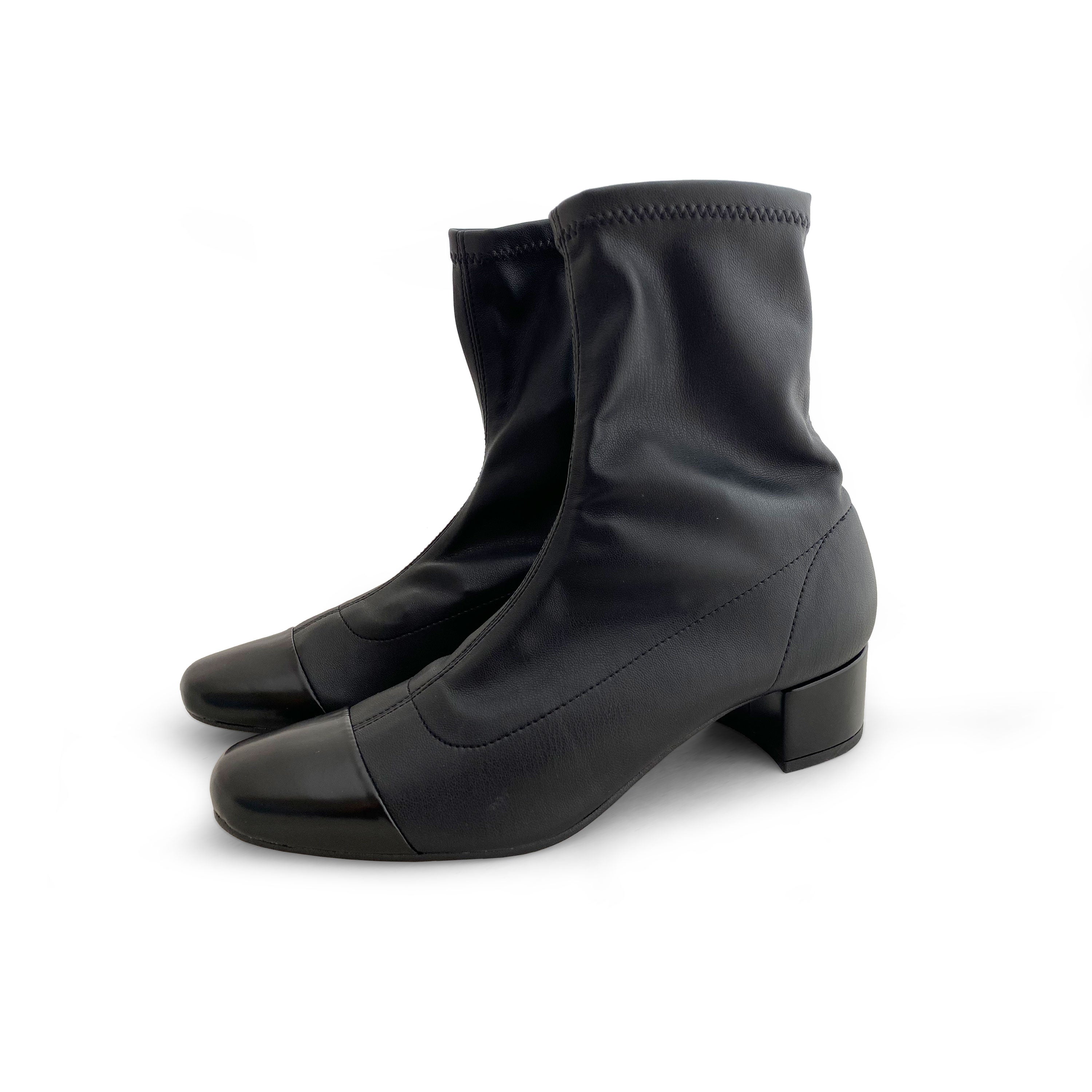 Black stretch ankle socks boots with black leather toe