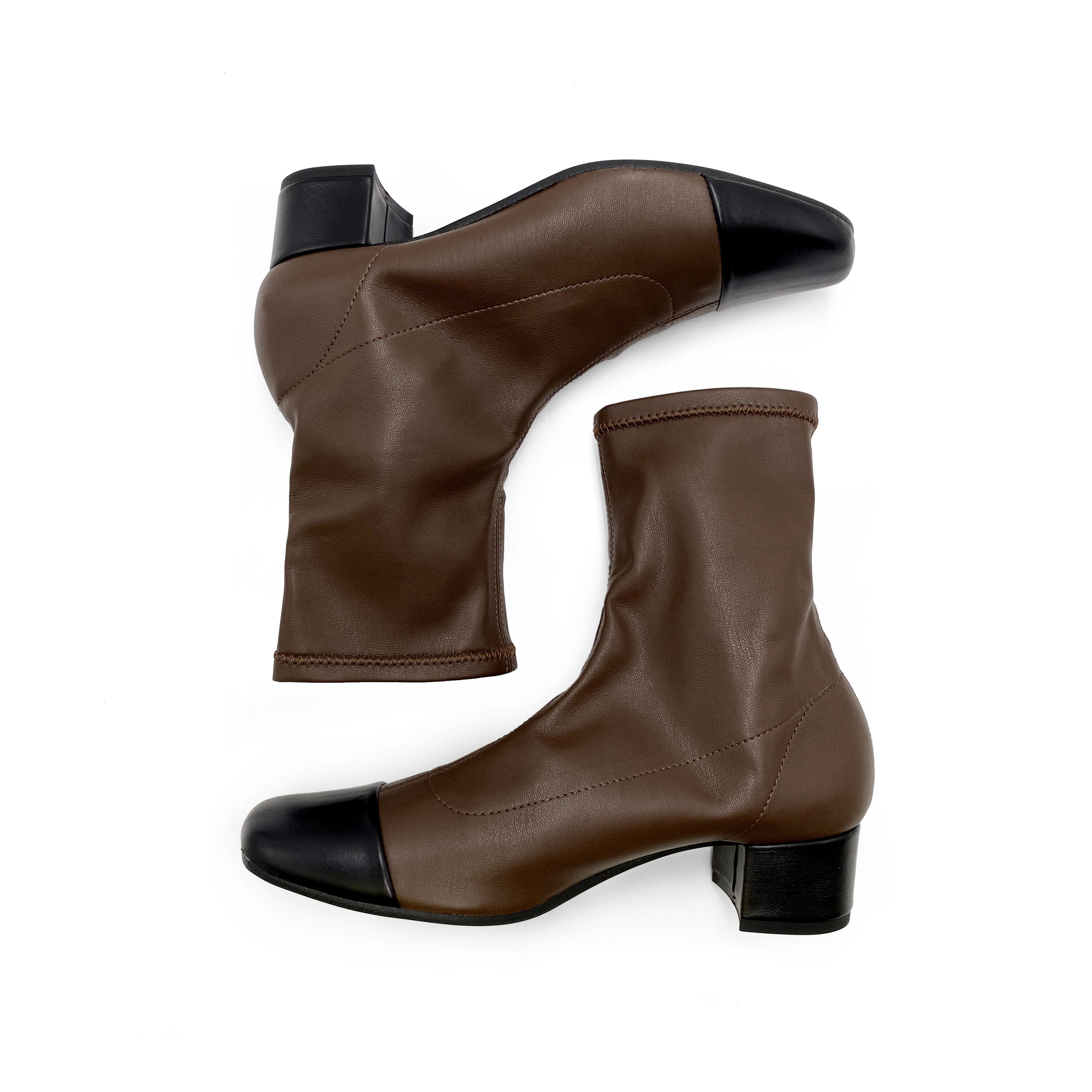 Brown stretch ankle socks boots with black leather toe