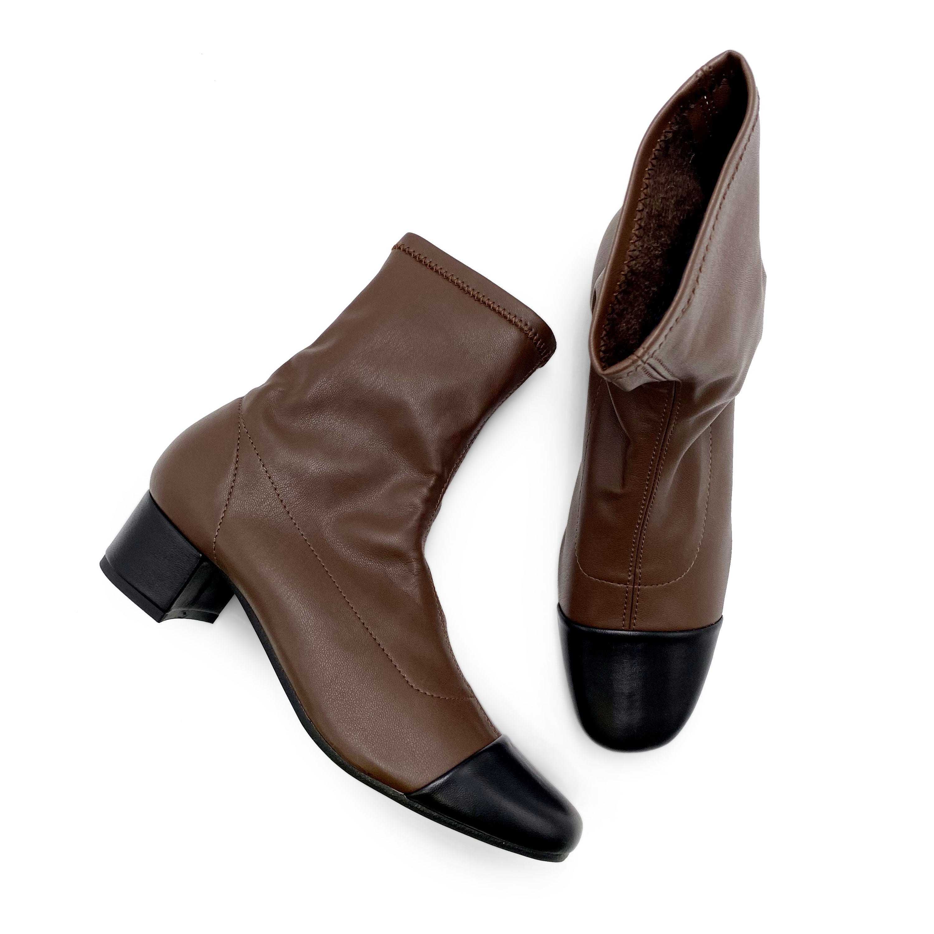 Brown stretch ankle socks boots with black leather toe