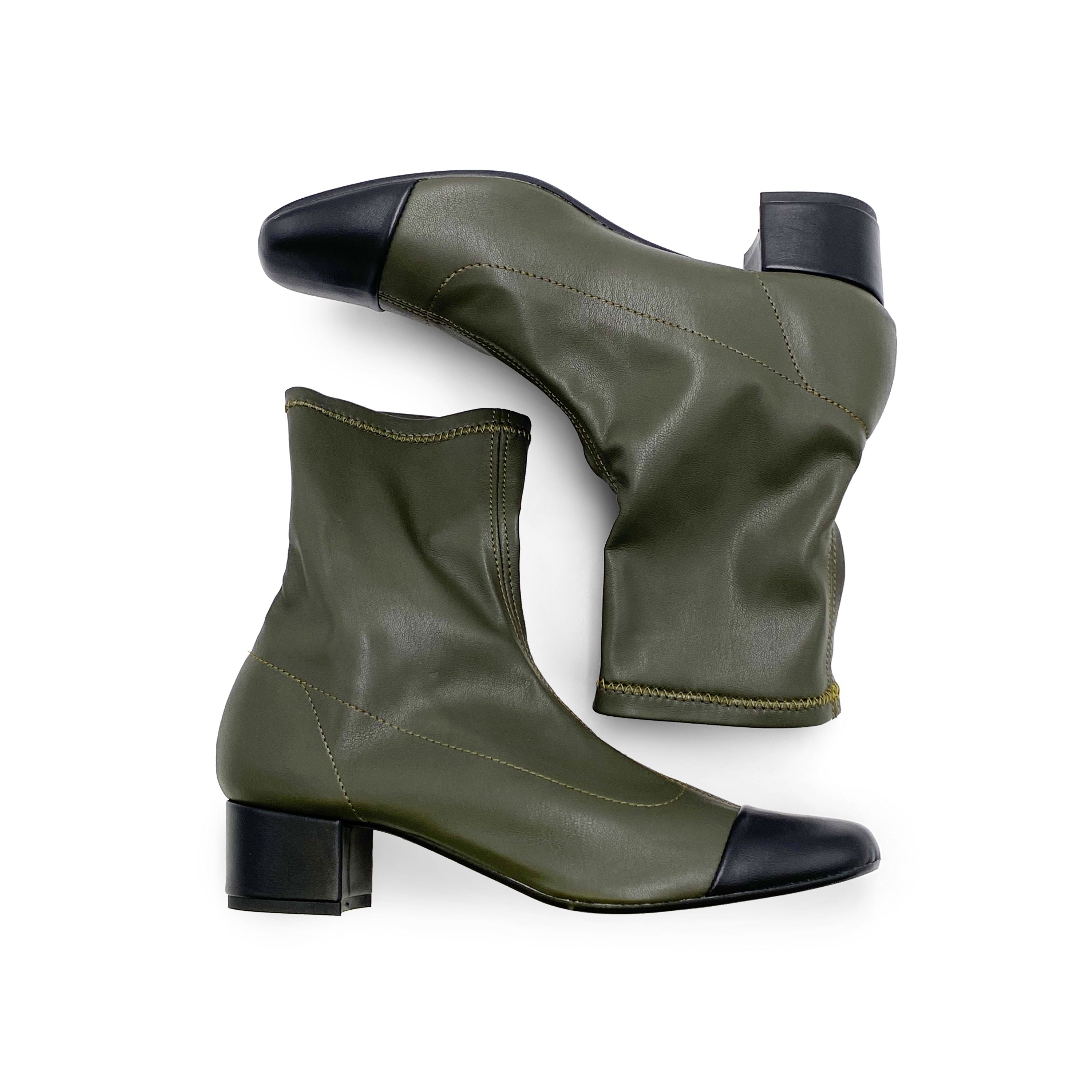 Green stretch ankle socks boots with black leather toe