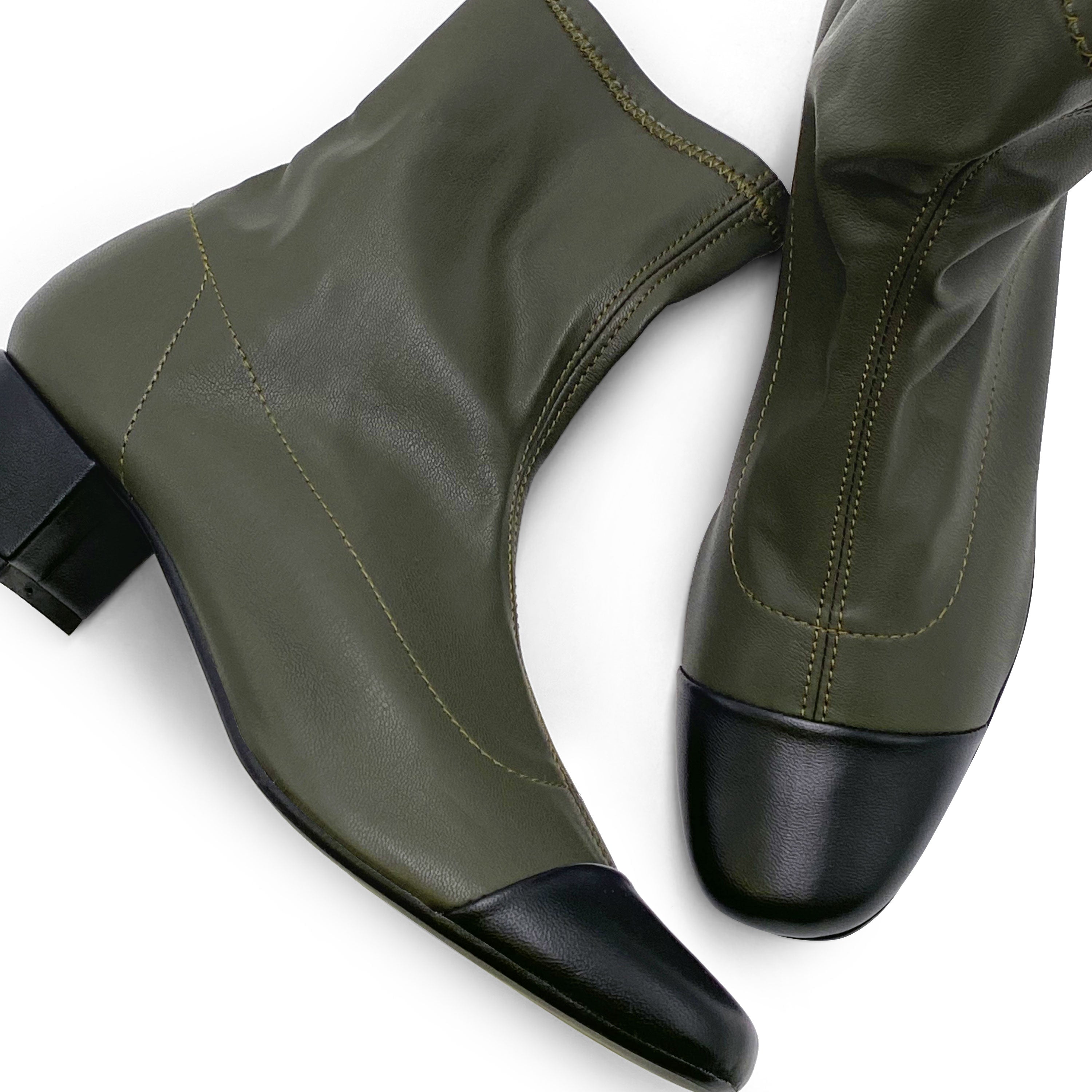 Green stretch ankle socks boots with black leather toe