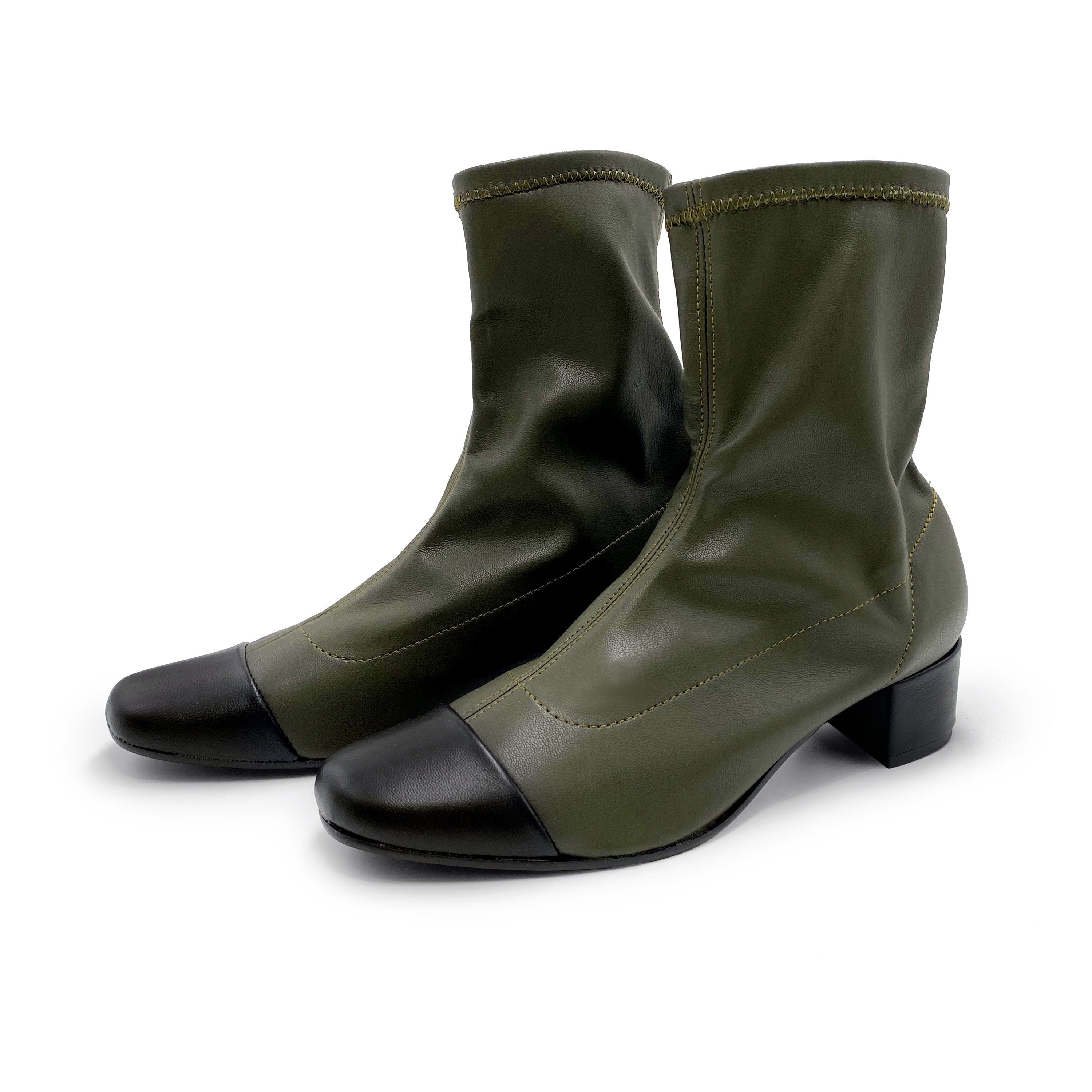 Green stretch ankle socks boots with black leather toe