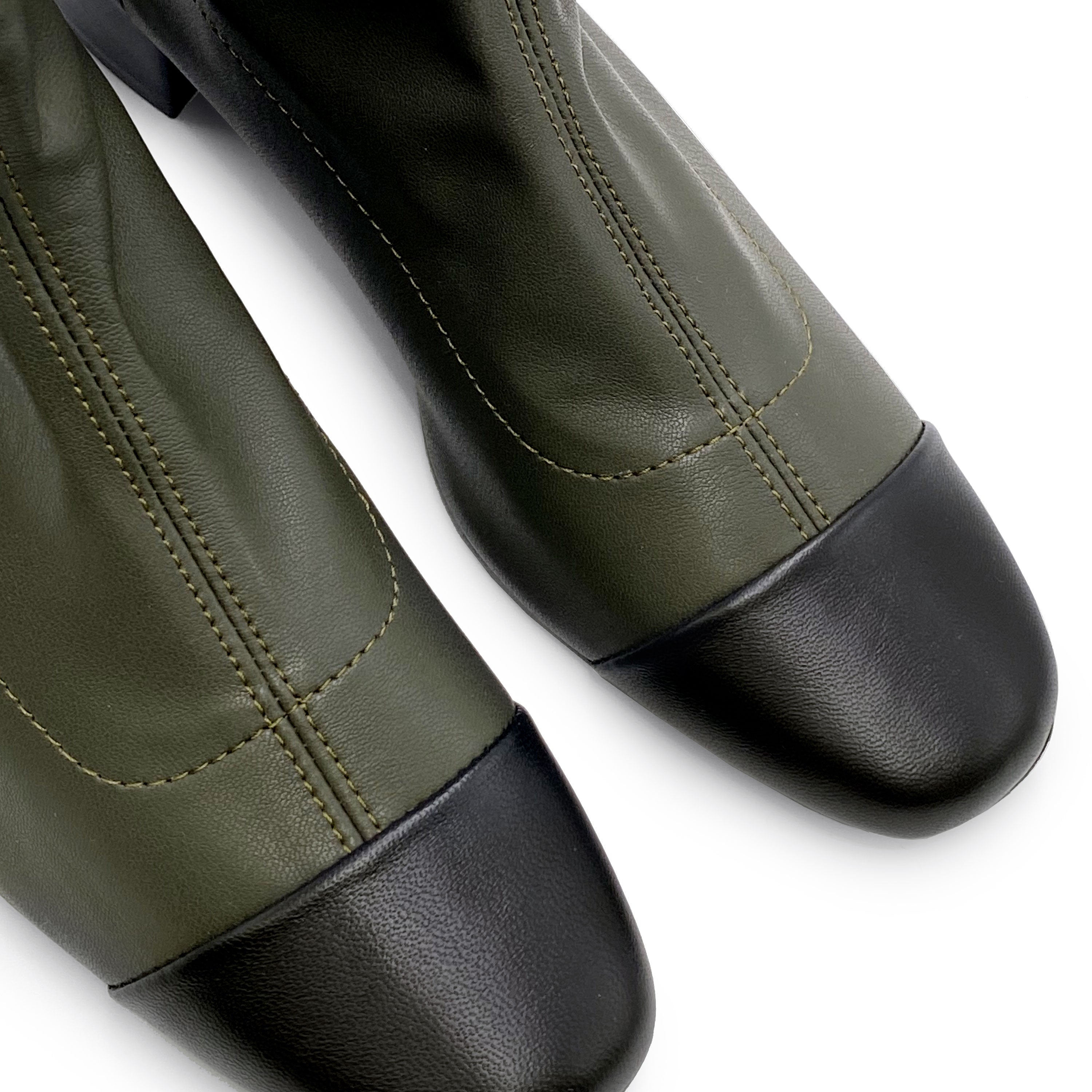 Green stretch ankle socks boots with black leather toe