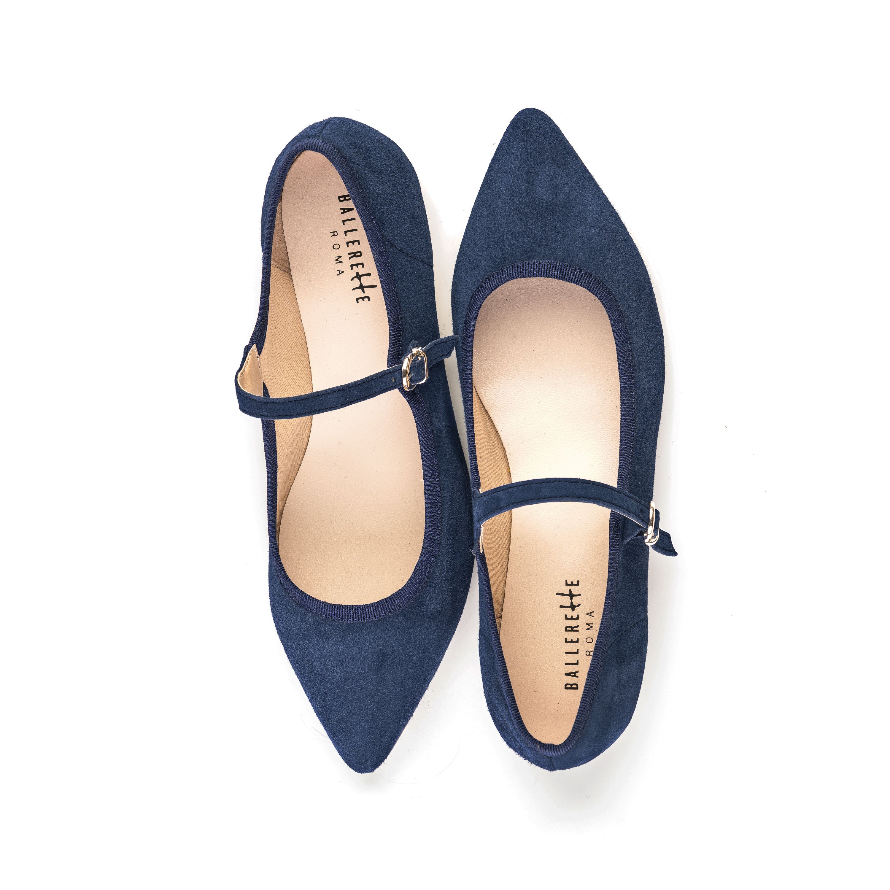 Blue suede pointed ballet flats with strap